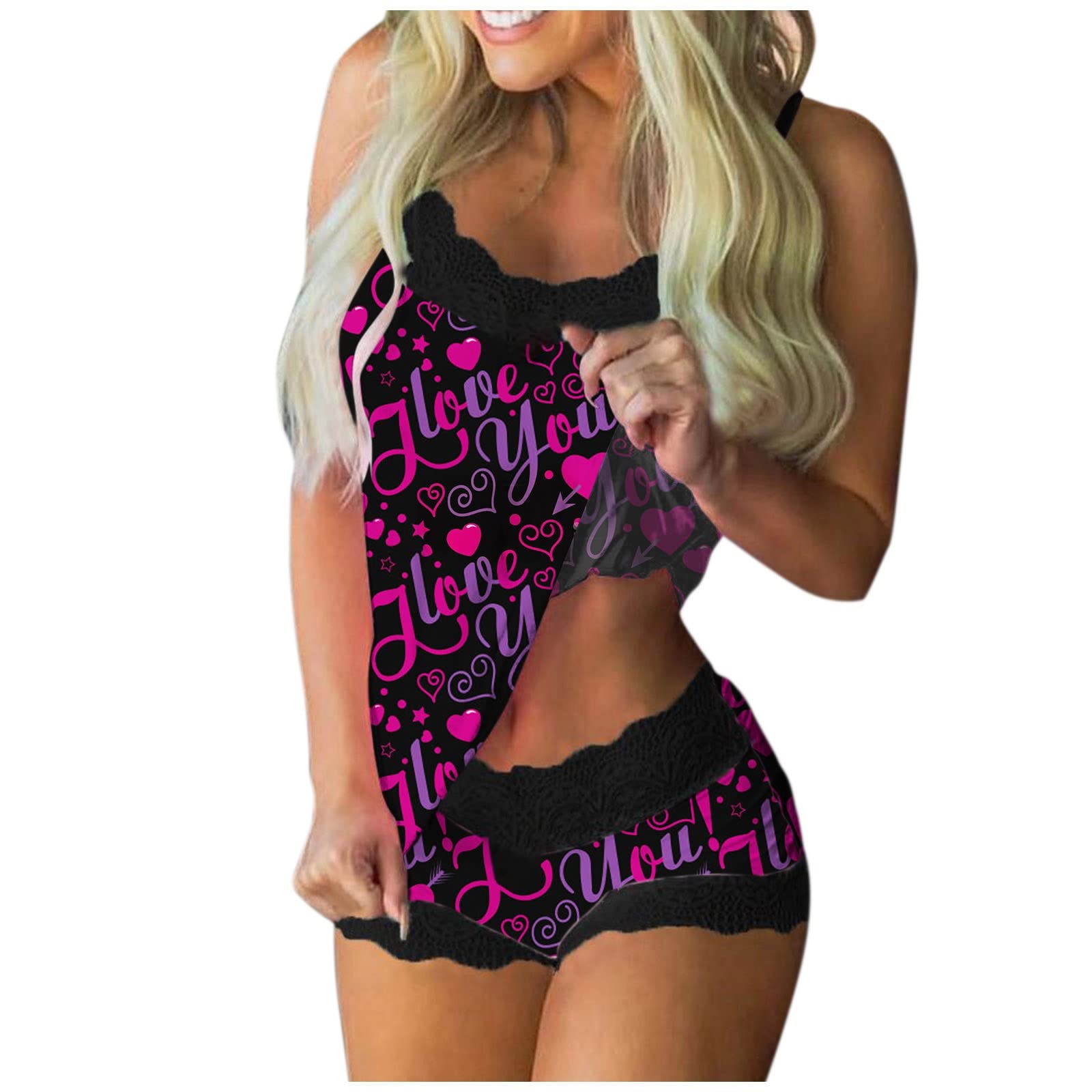 Women's Lace Print Sleepwear Set - Sleeveless Cami & Shorts Pajamas, Plus Size Intimates & Red Stockings | Comfortable Lingerie for Nightwear, Lounge Wear and Romantic Occasions