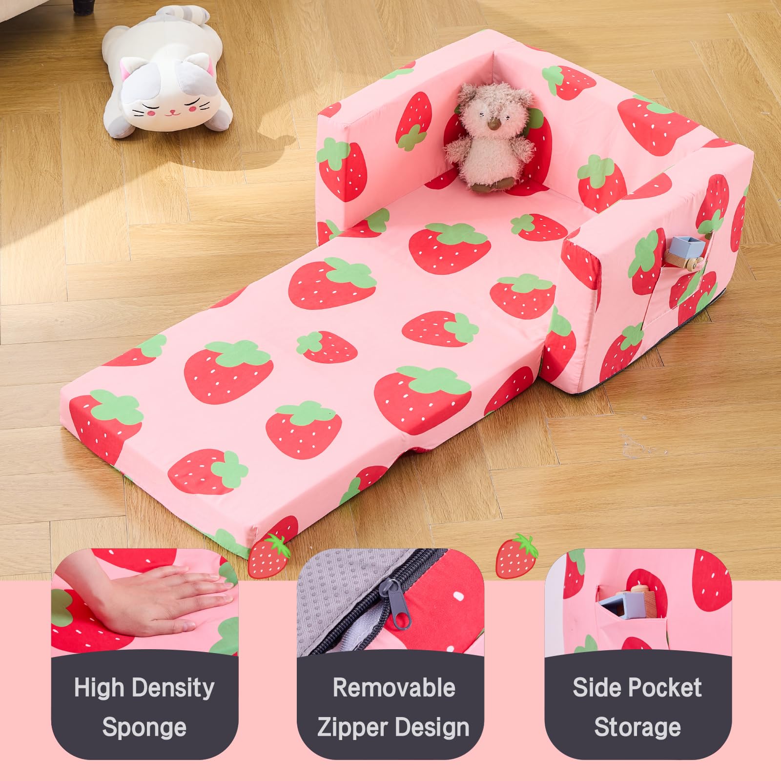 2-in-1 Convertible Toddler Couch & Kids Chair - Foldable Sofa to Lounger for Boys & Girls - Soft Baby Couch with Washable Cover - Perfect for Playroom, Nursery & Gift (Strawberry Red, Medium Size) - Great for Reading Nook, TV Time & Nap Space