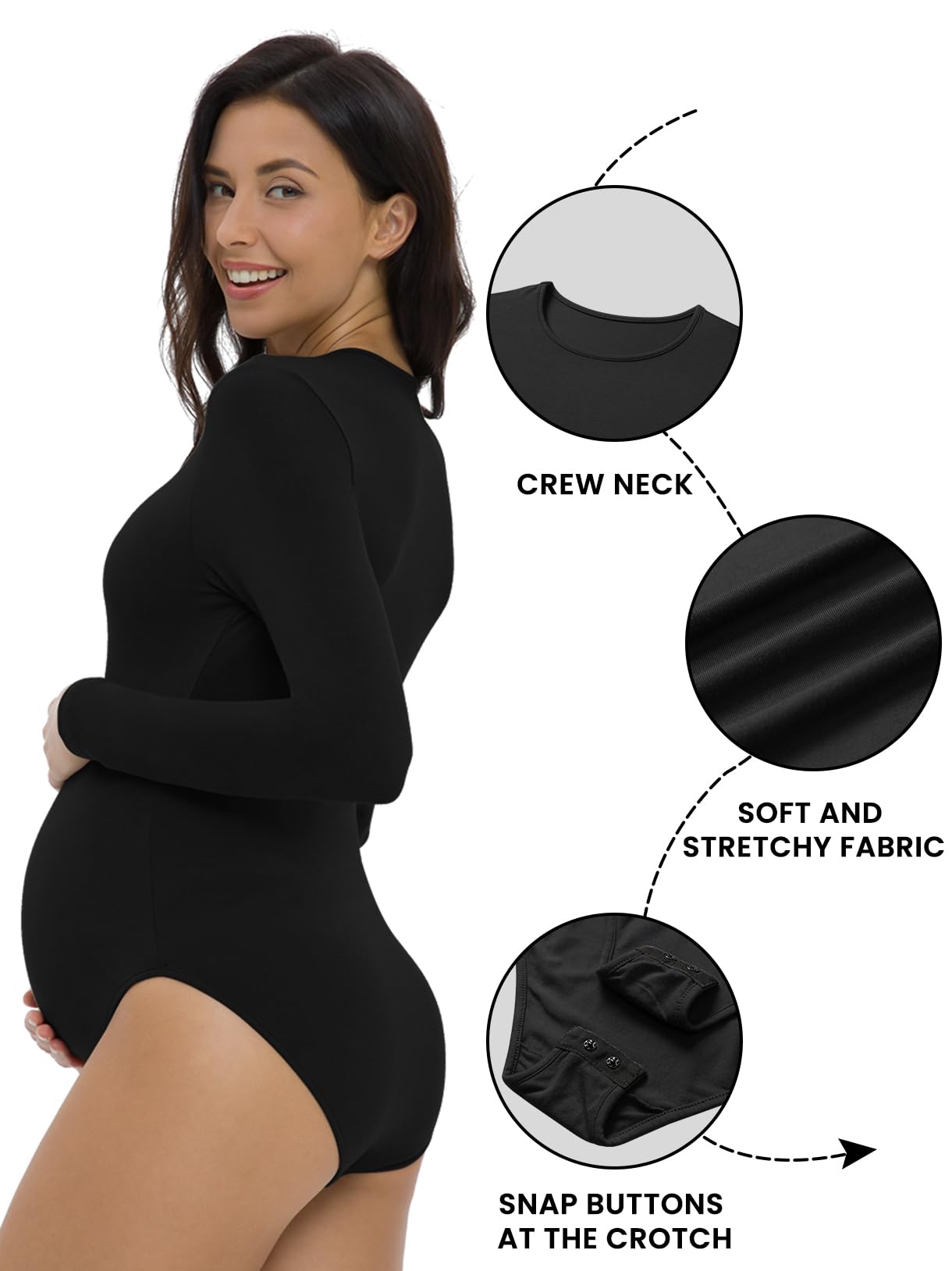 V VOCNI Maternity Bodysuit - Soft Stretchy Pregnancy Shapewear with Crew Neck & Long Sleeves | Comfortable Nursing Top for Expecting Moms | Perfect for Work, Casual Wear & Maternity Photos