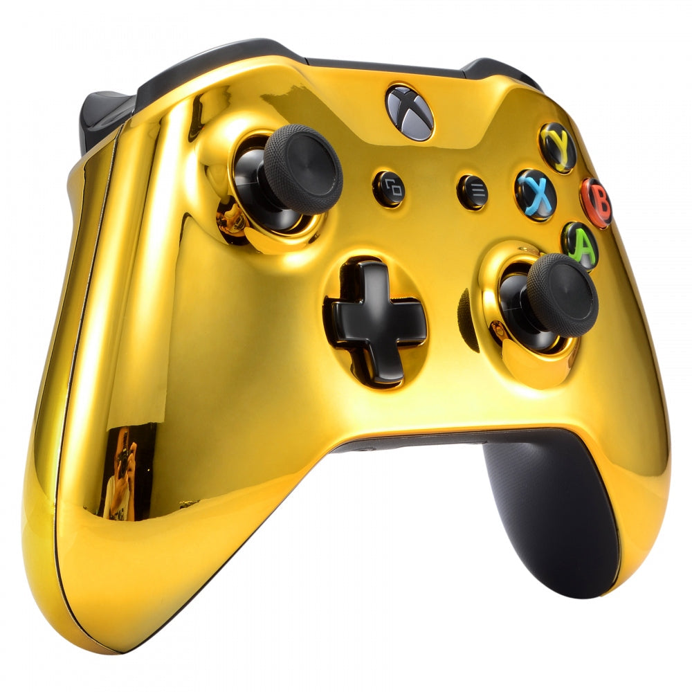 eXtremeRate Chrome Gold Glossy Replacement Front Housing Shell with Side Rails Panel for Xbox One X & S Controller (Model 1708) - Premium Gaming Accessory for Enhanced Controller Customization & Style