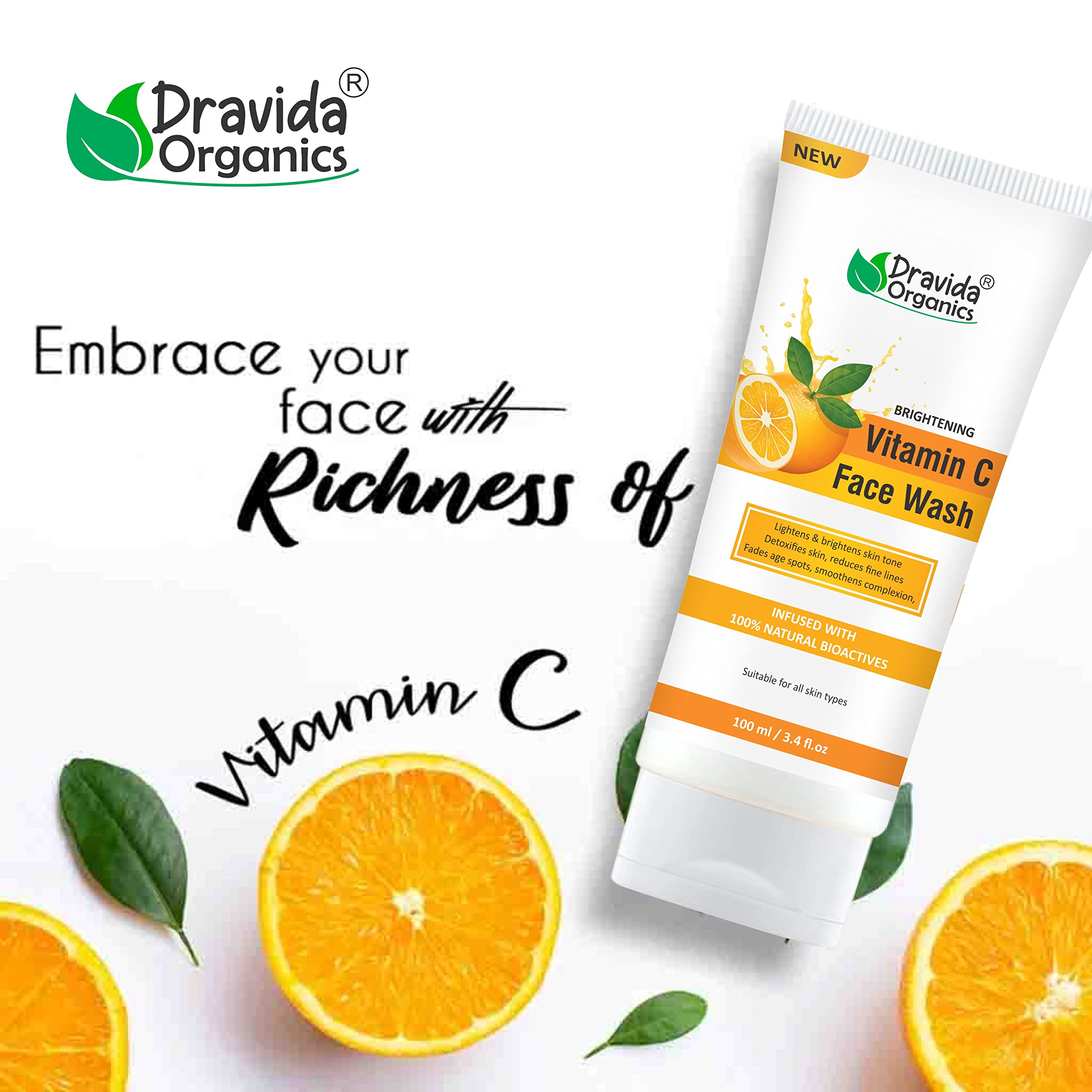 Dravida Organics Vitamin C Serum with Aloe Vera for Skin Brightening & Glow - 100ml | Face Care for Dark Spots, Dullness & Anti-Aging | Day & Night Skincare Routine