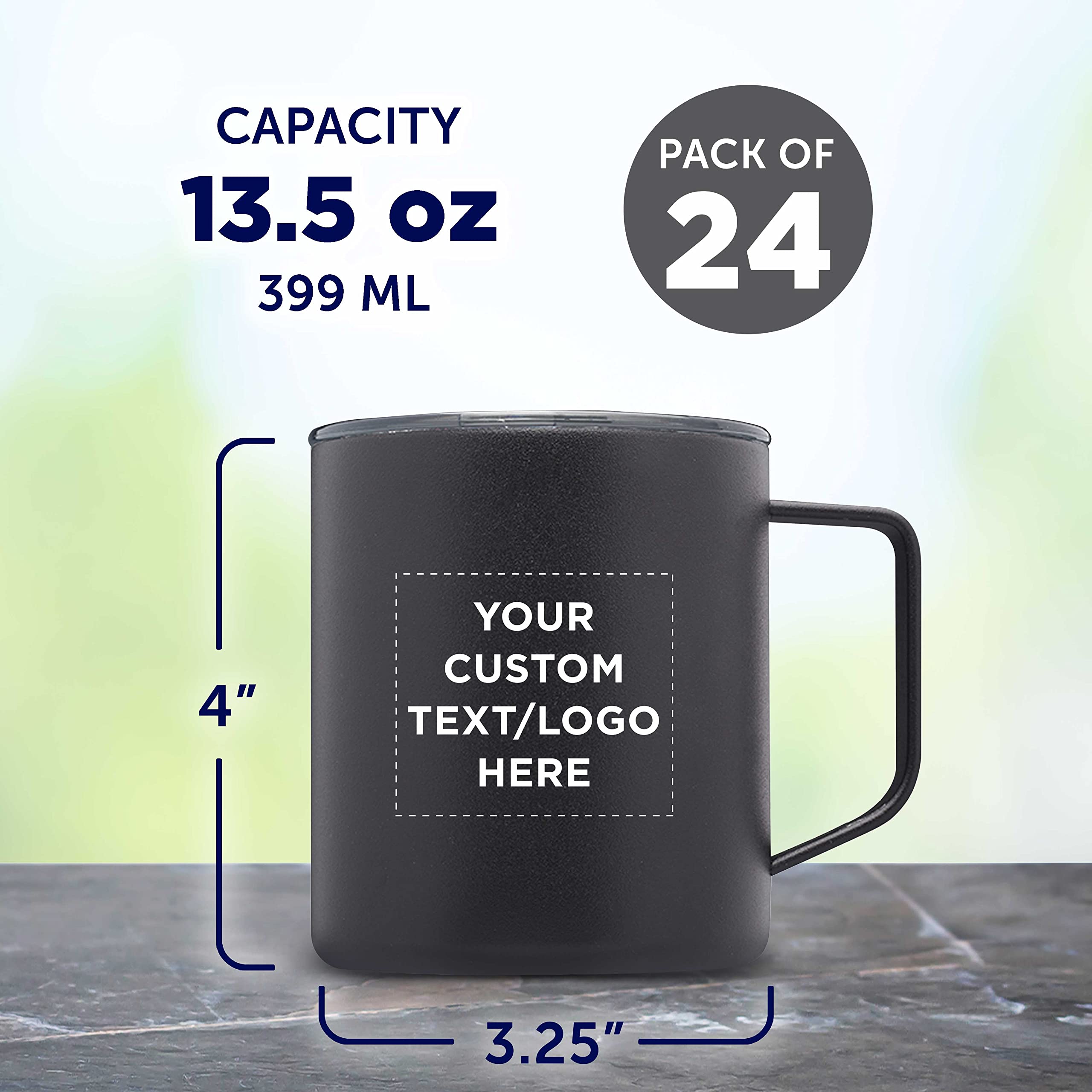 Custom Kenai Powder Coated Travel Mugs 13.5 oz - Set of 24 Insulated Stainless Steel Cups with Personalized Bulk Pack - Double Wall Vacuum Insulation for Coffee, Tea, Hot Cocoa & Cold Drinks - Perfect for Office, Camping, Travel & Gifts - Black
