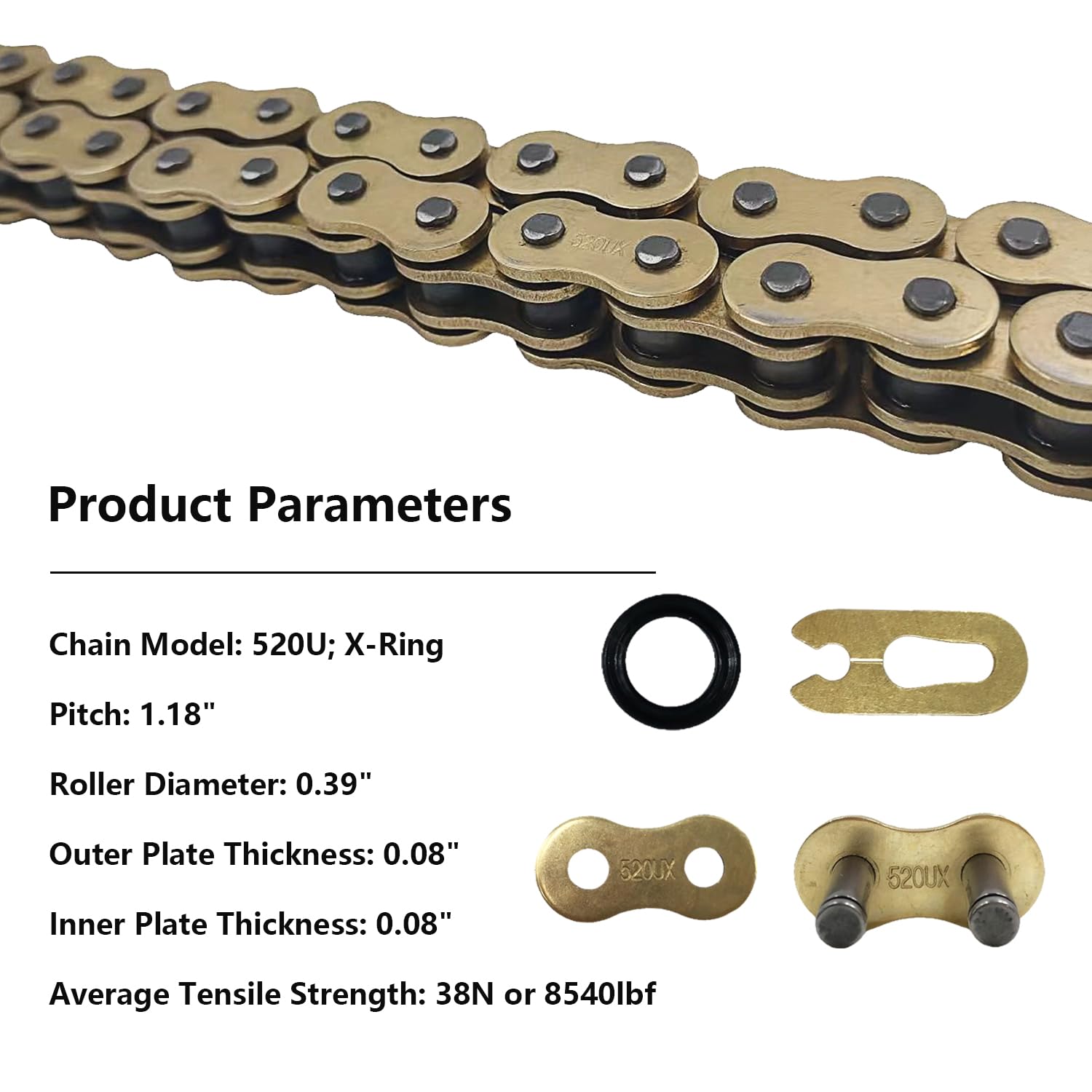 520 X-Ring Chain - 116 Links Heavy Duty Gold Motorcycle Chain with Master Link - Perfect for Dirt Bikes, Cruisers & Off-Road Riding