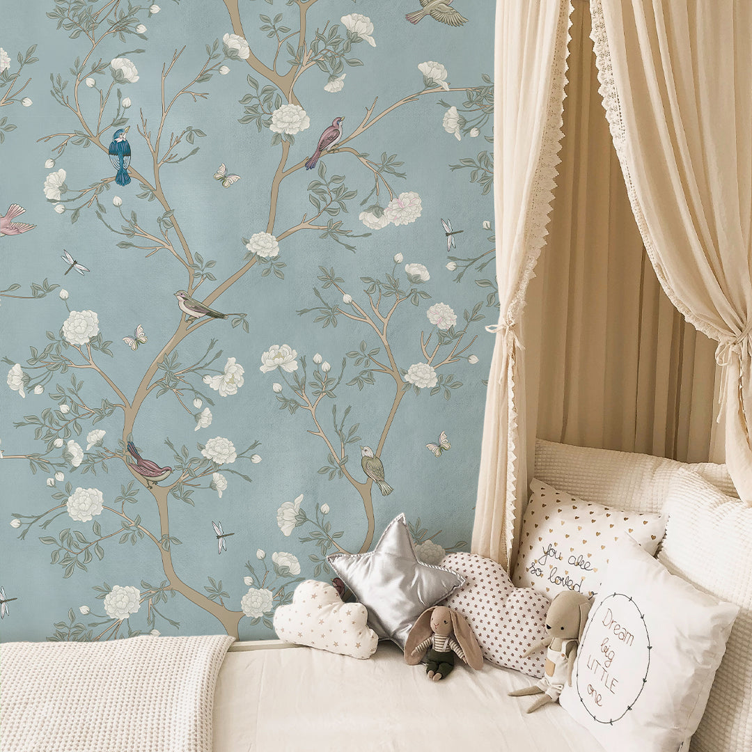 Blue Blossom Trees & Birds Wallpaper W058 - Nature-Inspired Peel & Stick Wall Mural for Bedroom, Nursery, and Living Room Decor