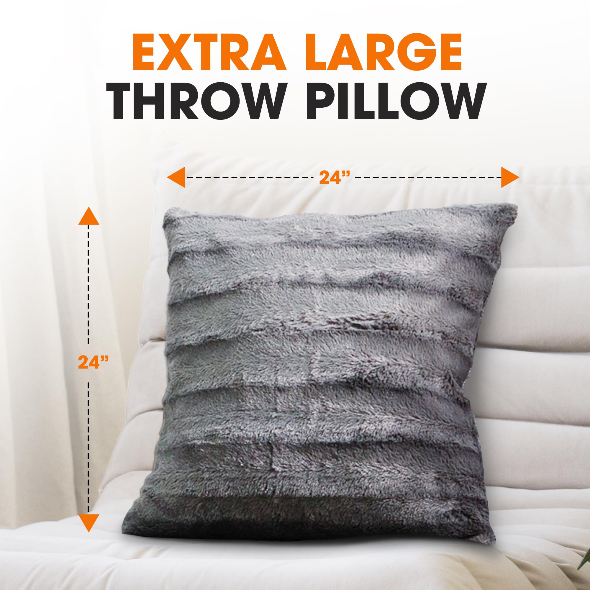 Cheer Collection Faux Fur Throw Pillows Set of 2 - 24x24 Inch Soft Grey Decorative Couch & Bed Pillows for Cozy Living Room & Bedroom Aesthetic - Perfect for Home Decor, Sofa Accents & Seasonal Styling