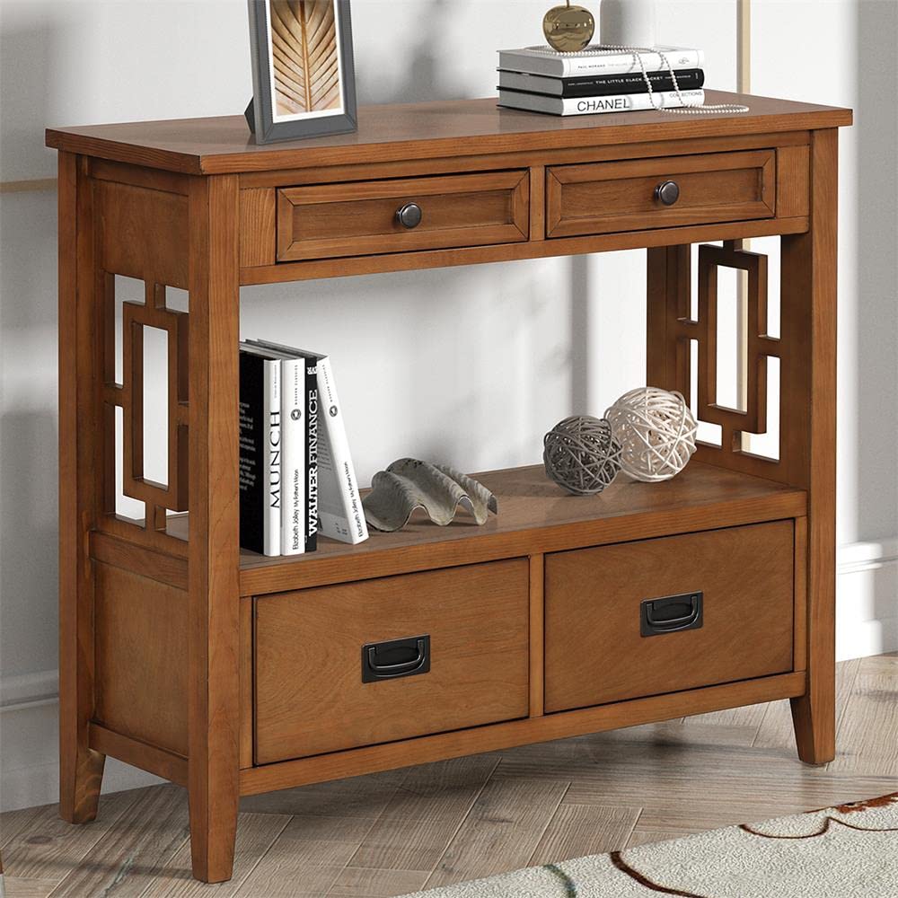 36 Inch Rustic Farmhouse Console Table with 4 Drawers & Storage Shelf - Solid Pine Wood Entryway Table for Hallway, Living Room, Bedroom or Kitchen Decor (Brown) | Perfect for Small Space Organization & Farmhouse Style Home Decor