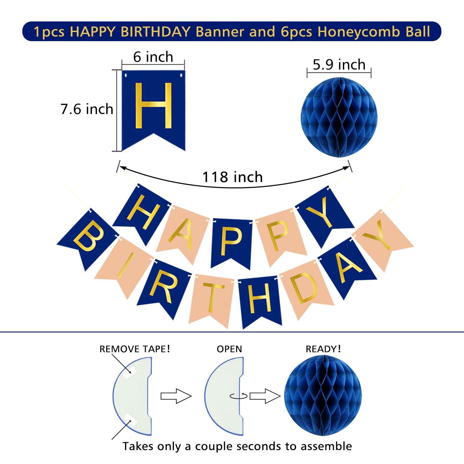 Navy Rose Gold Birthday Decorations Set - Happy Birthday Banner, Honeycomb Balls, Metallic Hanging Swirls & Circle Paper Garland - Elegant Women's Party Decor for Birthday Celebrations, Baby Showers & Bridal Showers
