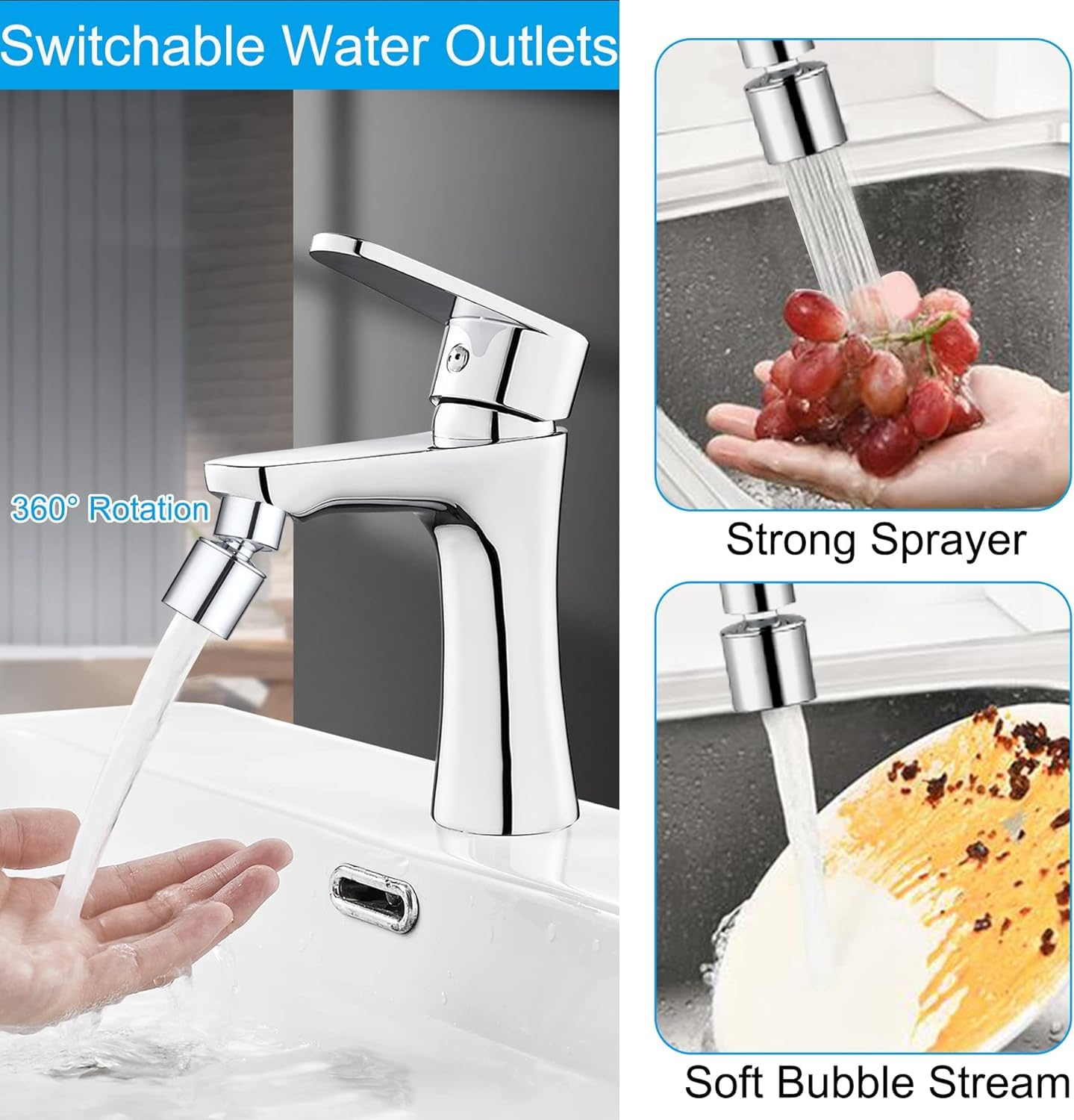 Hibbent NSF/ANSI/CAN 61 Certified 360° Swivel Kitchen Faucet Aerator with Dual-Function Sprayer - 55/64