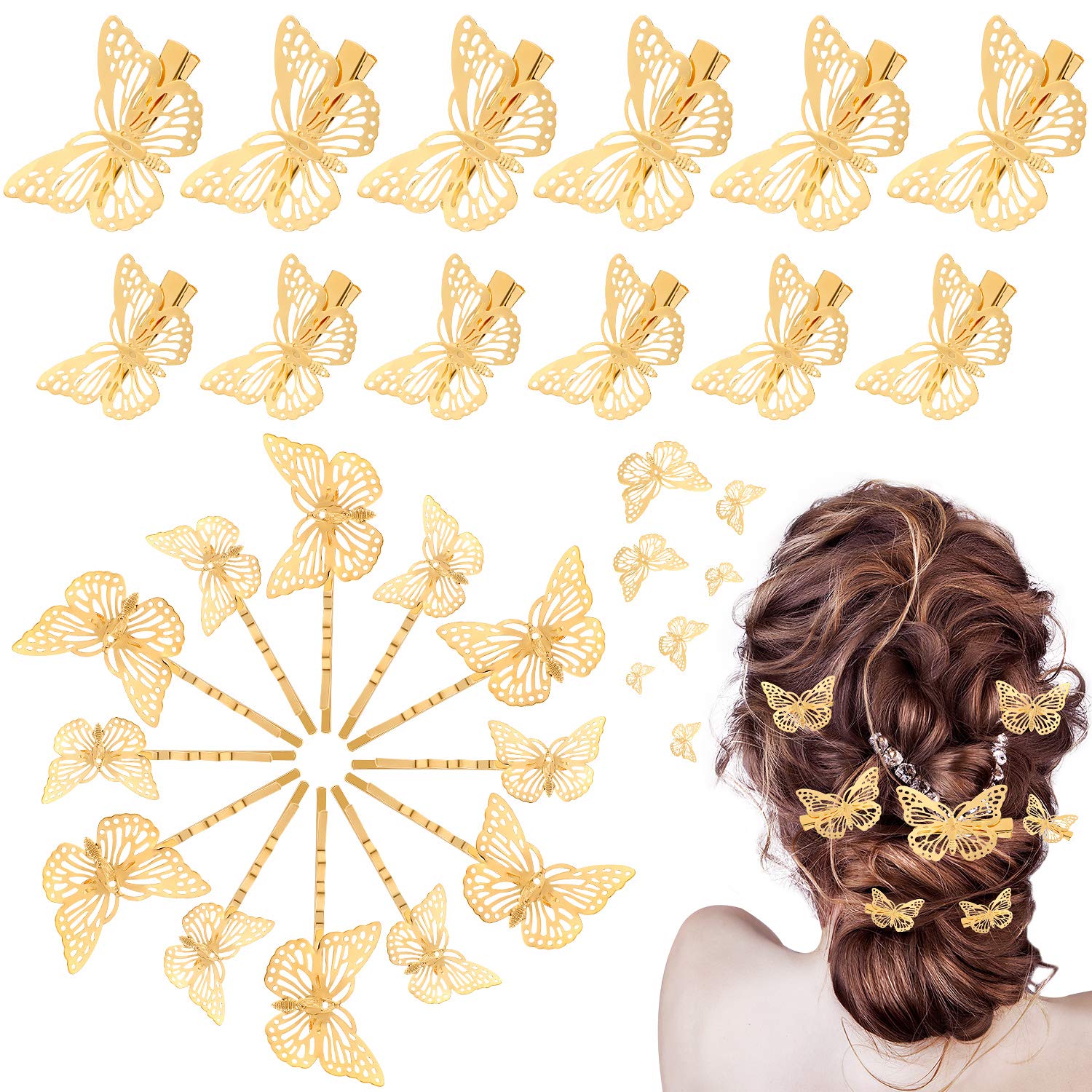 24-Piece Halloween Butterfly Hair Clips - Metallic Hollow Hairpins for Women & Girls - Gold Hair Accessories for Weddings, Brides, Parties & Cosplay - 2 Styles & 2 Sizes - Perfect for Costumes, DIY Crafts & Gift Giving