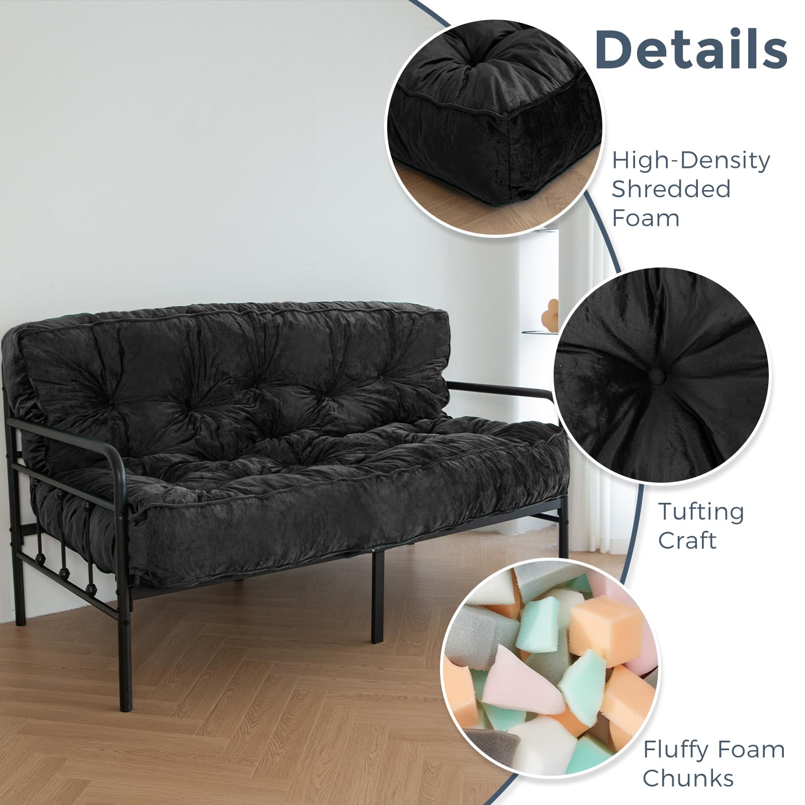 MAXYOYO 8-Inch Thick Velvet Tufted Futon Mattress for Sofa Bed - Luxurious Comfort for Adults (Mattress Only, Black) - Perfect for Small Spaces, Guest Rooms & Studio Apartments