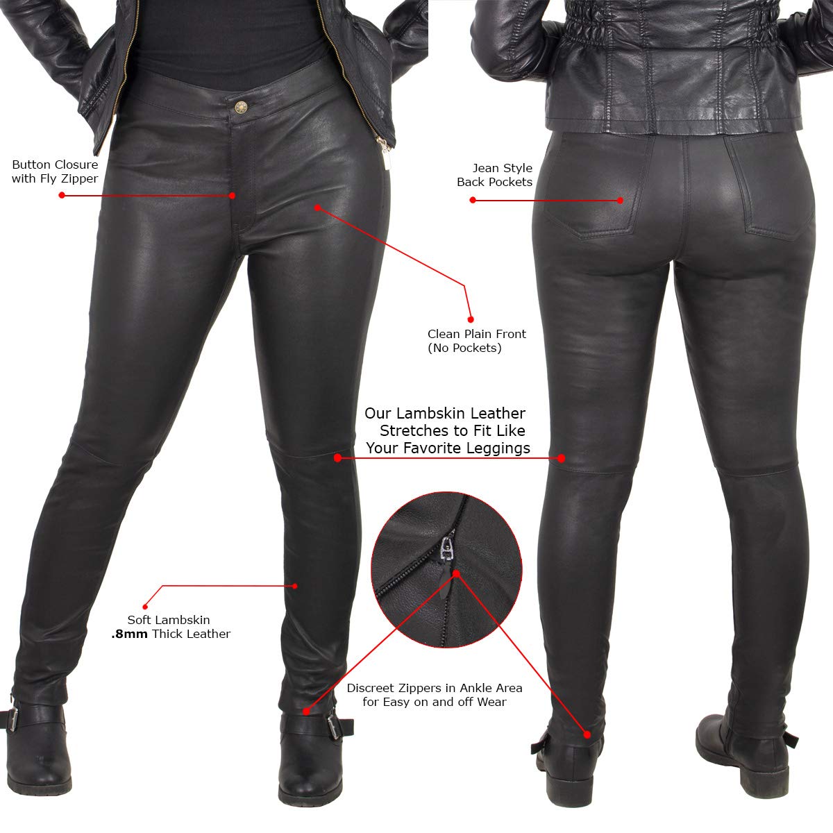 Milwaukee Leather MLL6690 'Sandy' Women's Black Lambskin Stretch Leather Pants - Slim Fit Fashion Pants for Casual Wear & Night Out