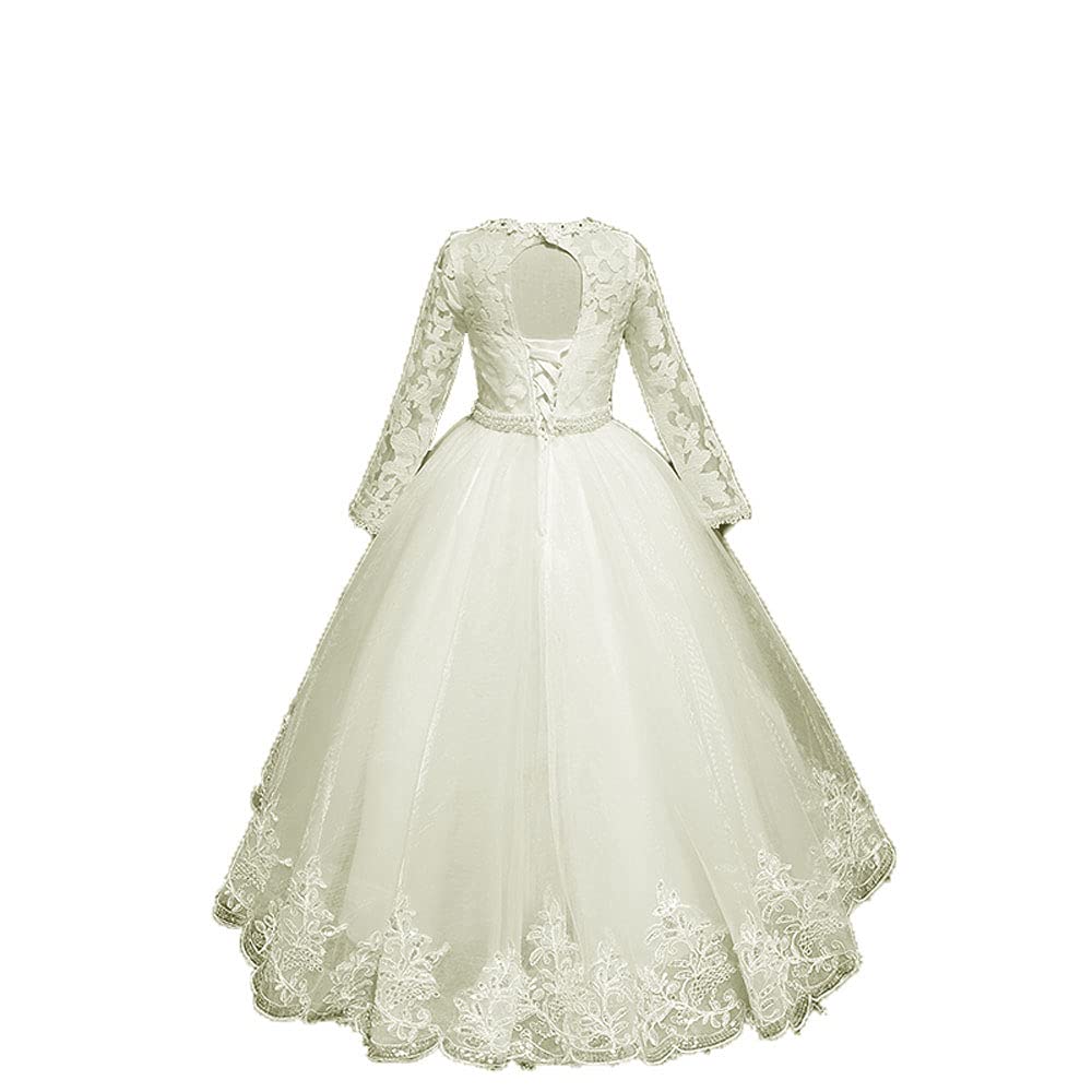 Elegant Long Lace Flower Girl Dress with Lace Back - First Communion & Wedding Pageant Gown - Perfect for Special Occasions, Church Ceremonies, and Formal Events