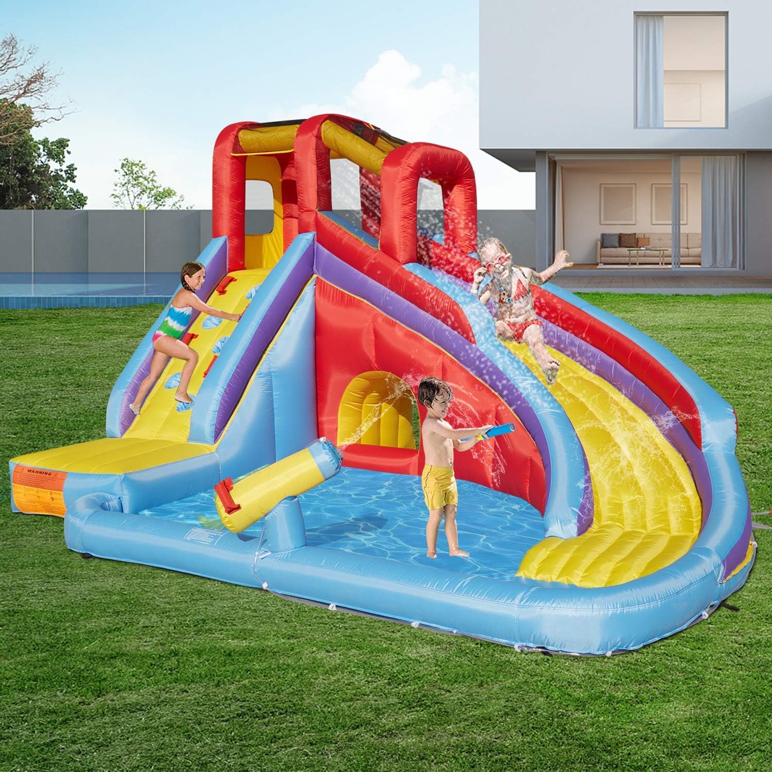 **Kinsuite Inflatable Water Slide for Kids with Climbing Wall, Water Cannon & Splash Pool - Includes 450W Air Blower, Carry Bag, Repair Kit & Stakes - Perfect for Backyard Parties, Summer Fun & Outdoor Play (Blue)**