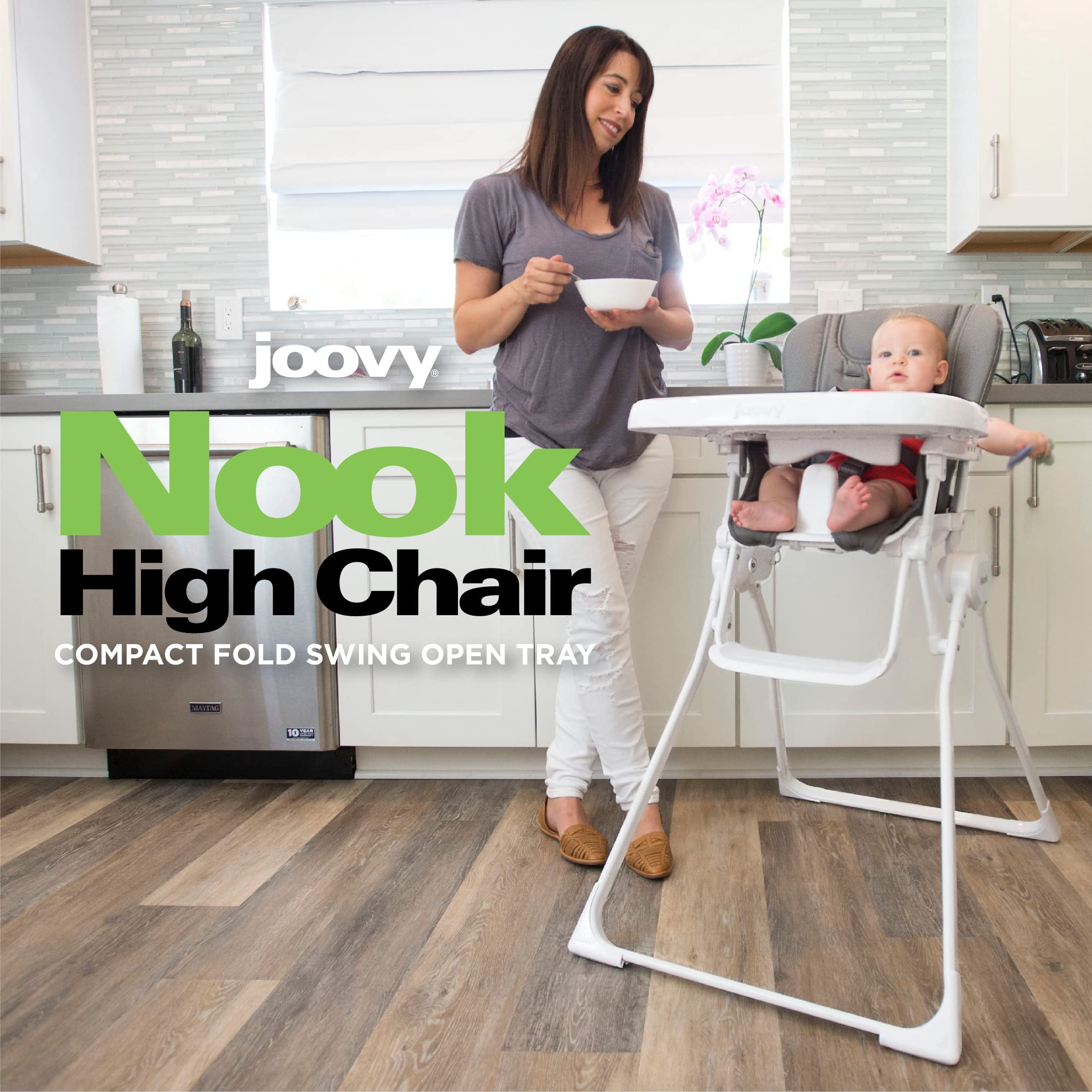 Joovy Nook High Chair - 4-Position Adjustable Baby Feeding Chair with Swing Open Tray & Dishwasher-Safe Insert | Foldable for Compact Storage | Perfect for Home, Restaurants & Travel (Black)