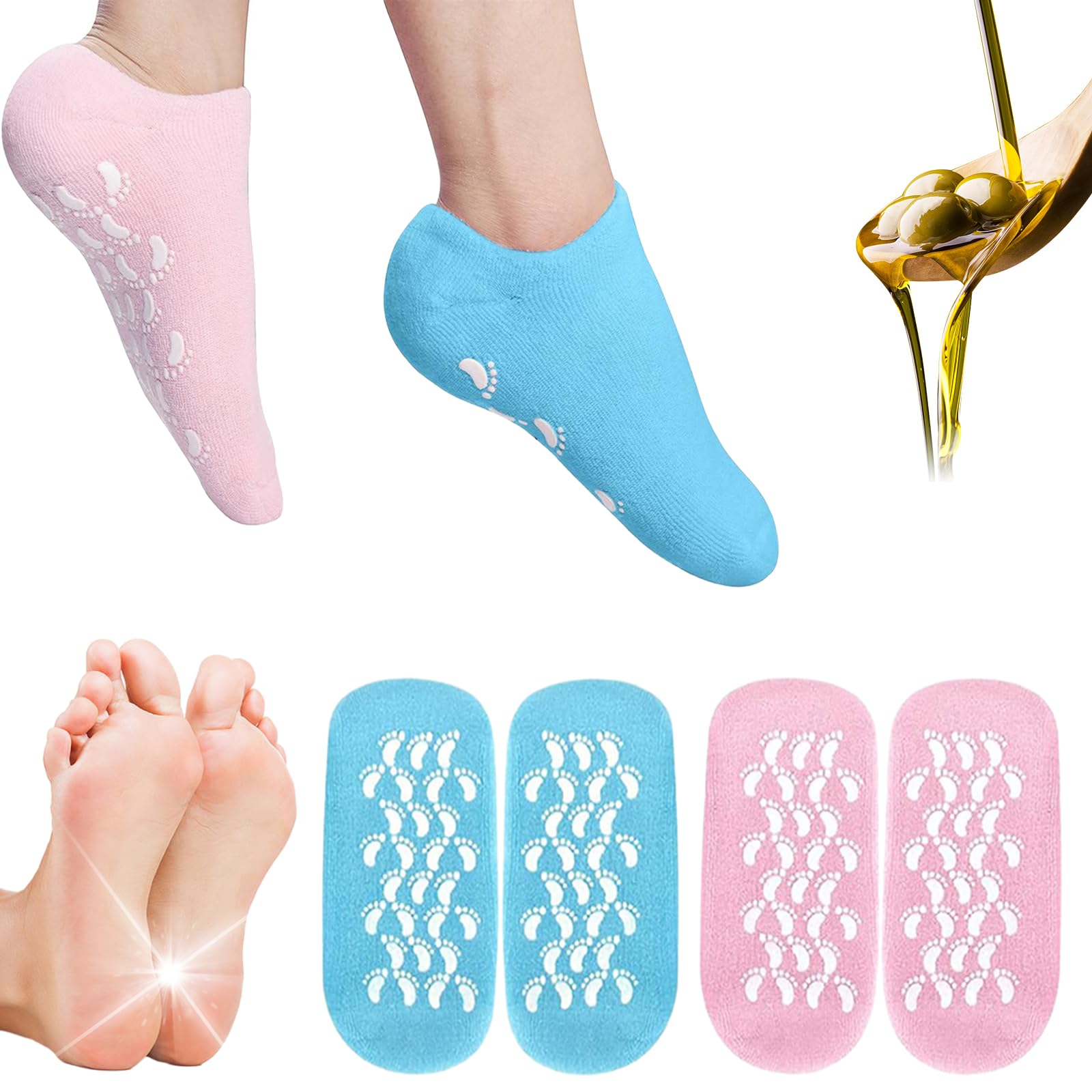 2 Pairs Moisturizing Gel Socks for Women - Silicone Healing Socks for Dry Cracked Feet Repair - Softening Lotion Socks for Foot Care - Perfect for Overnight Treatment, Spa Days & Winter Foot Protection