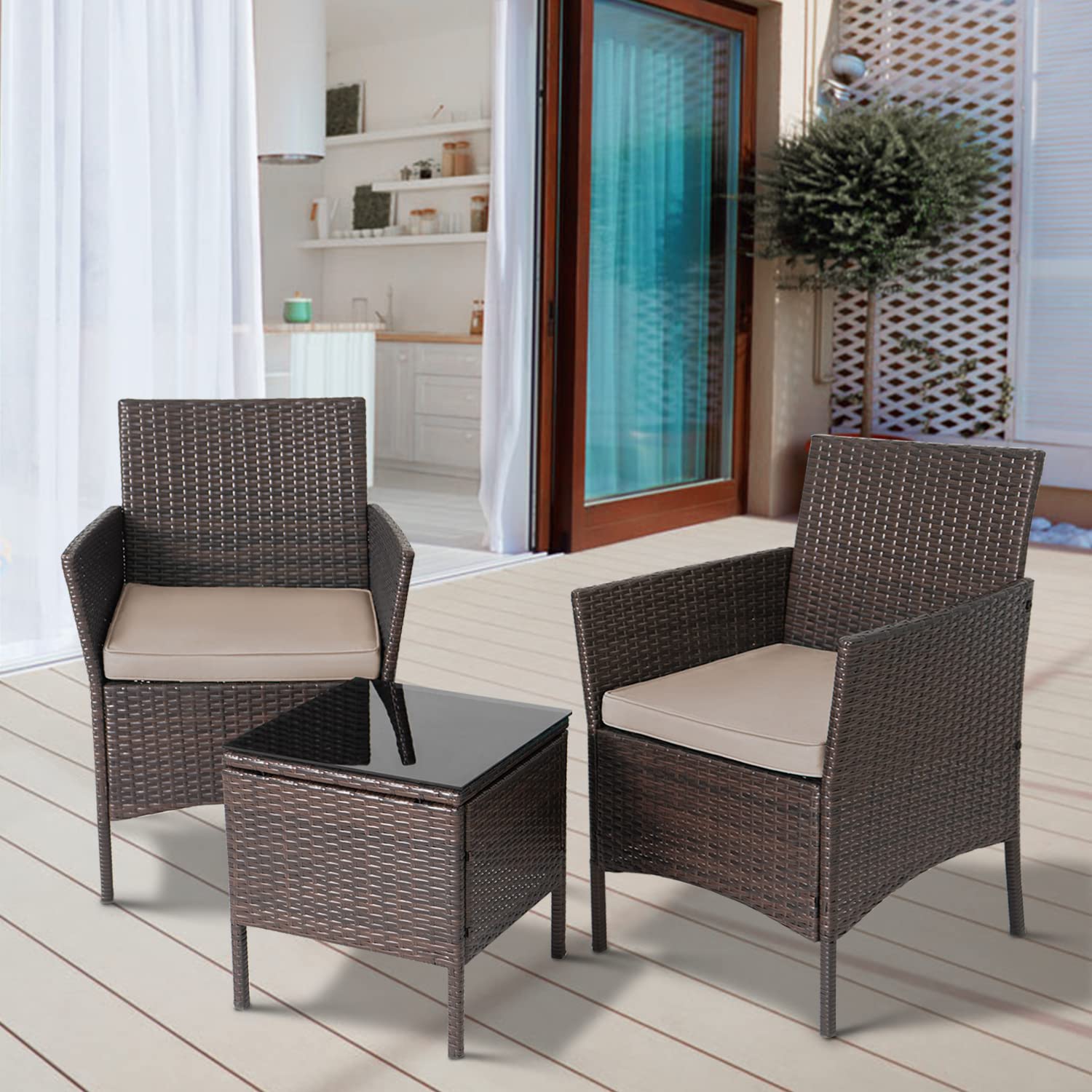 3-Piece Outdoor Wicker Bistro Set - Patio Conversation Furniture with 2 PE Rattan Chairs, 2 Cushions & Coffee Table - Perfect for Garden, Yard, Porch or Balcony Relaxation & Entertaining