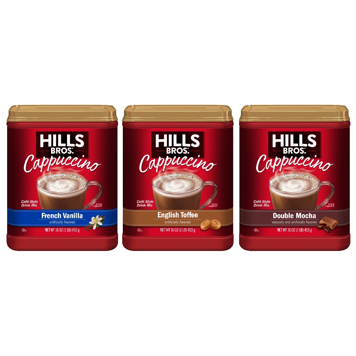 Hills Bros. Instant Cappuccino Mix Variety Pack - French Vanilla, English Toffee & Double Mocha (16 oz, 3 Pack) | Rich & Frothy Instant Coffee for Hot or Iced Drinks | Perfect for Office, Home & Travel | Just Add Water