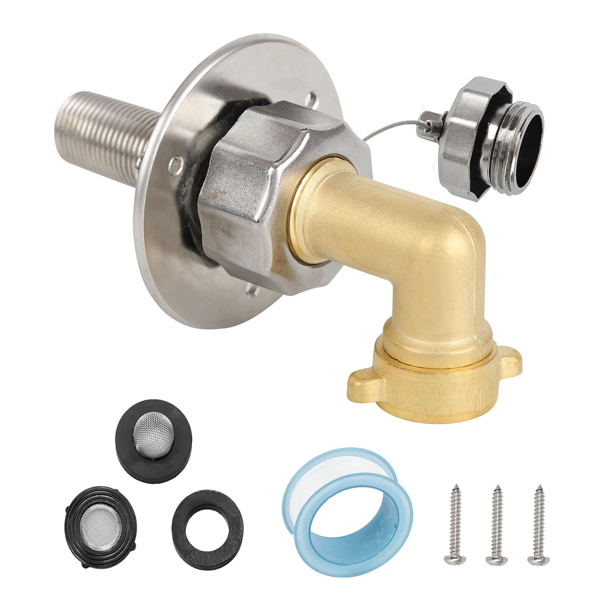 Heavy Duty All Metal RV Water Inlet with 90° Solid Brass Hose Elbow - 3/4