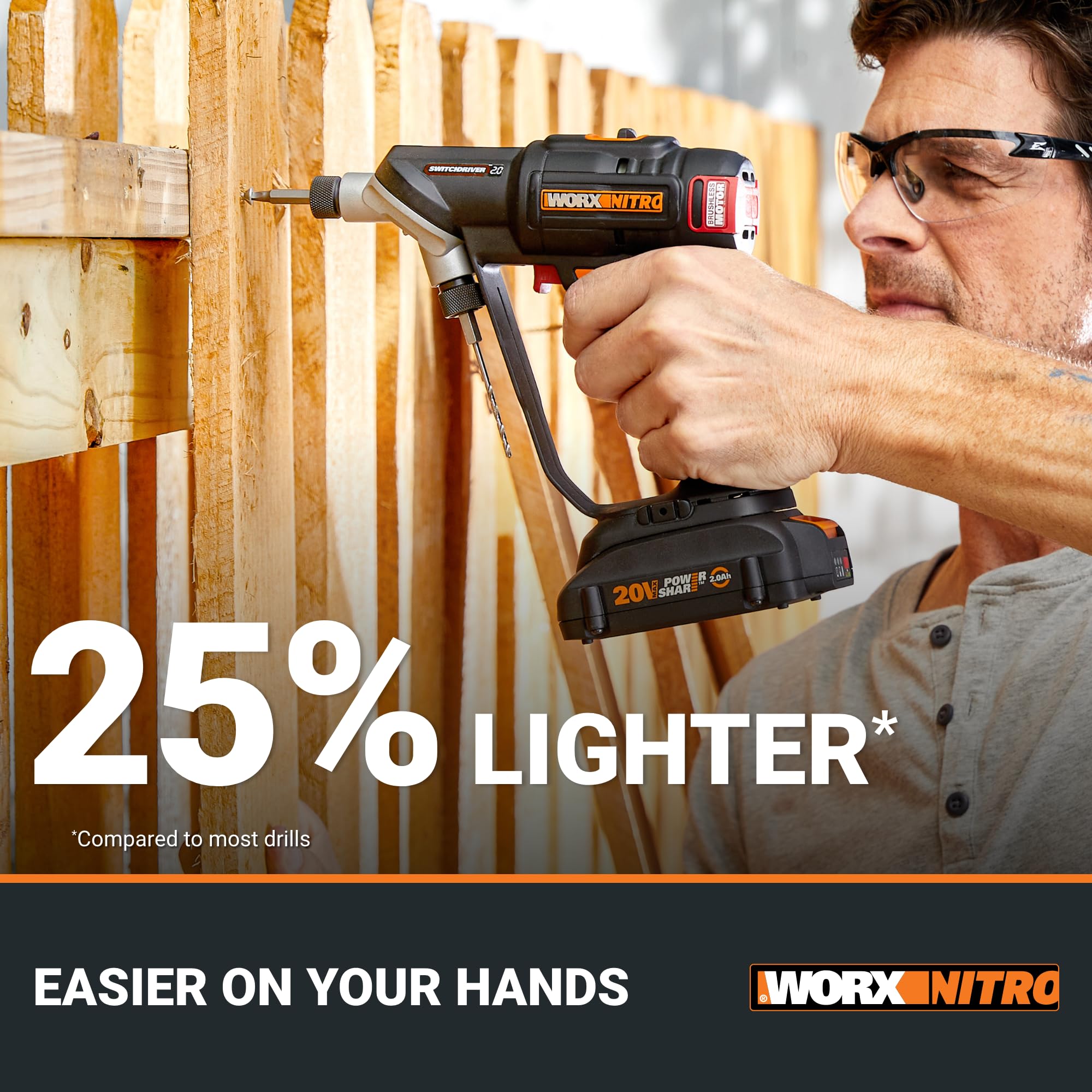 Worx Nitro 20V SwitchDriver 2.0 Brushless Cordless Drill Driver - 2-in-1 Rotating Dual 1/4