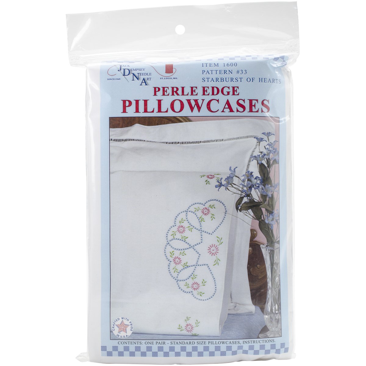 Stamped Pillowcases with White Perle Edge - 2 Pack Starburst of Hearts Design - Elegant Bedroom Decor for Valentine's Day & Romantic Gifts