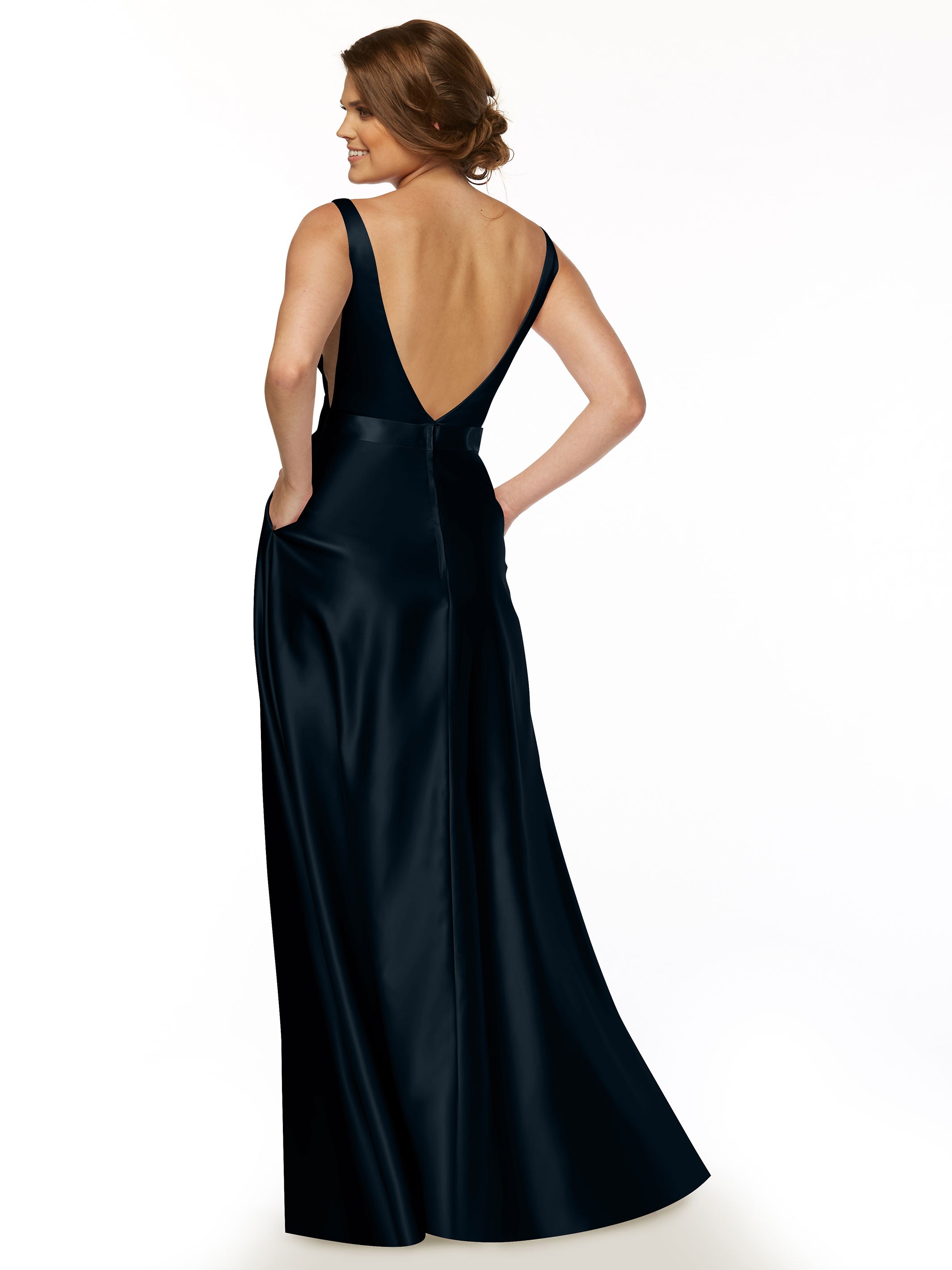 Elegant 80118 Satin A-Line Bridesmaid Dress with V-Neckline & Sash - Perfect for Weddings, Formal Events & Special Occasions