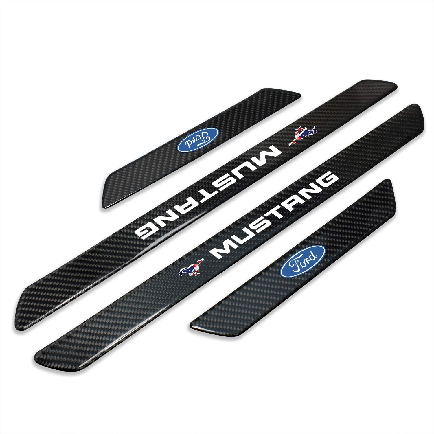 Ford Mustang Pony USA Flag Real Carbon Fiber 4-Piece Universal Door Sill Protector - Durable Step Guard & Decorative Plates for Car Interior Protection | Perfect for Mustang Enthusiasts & American Pride Display