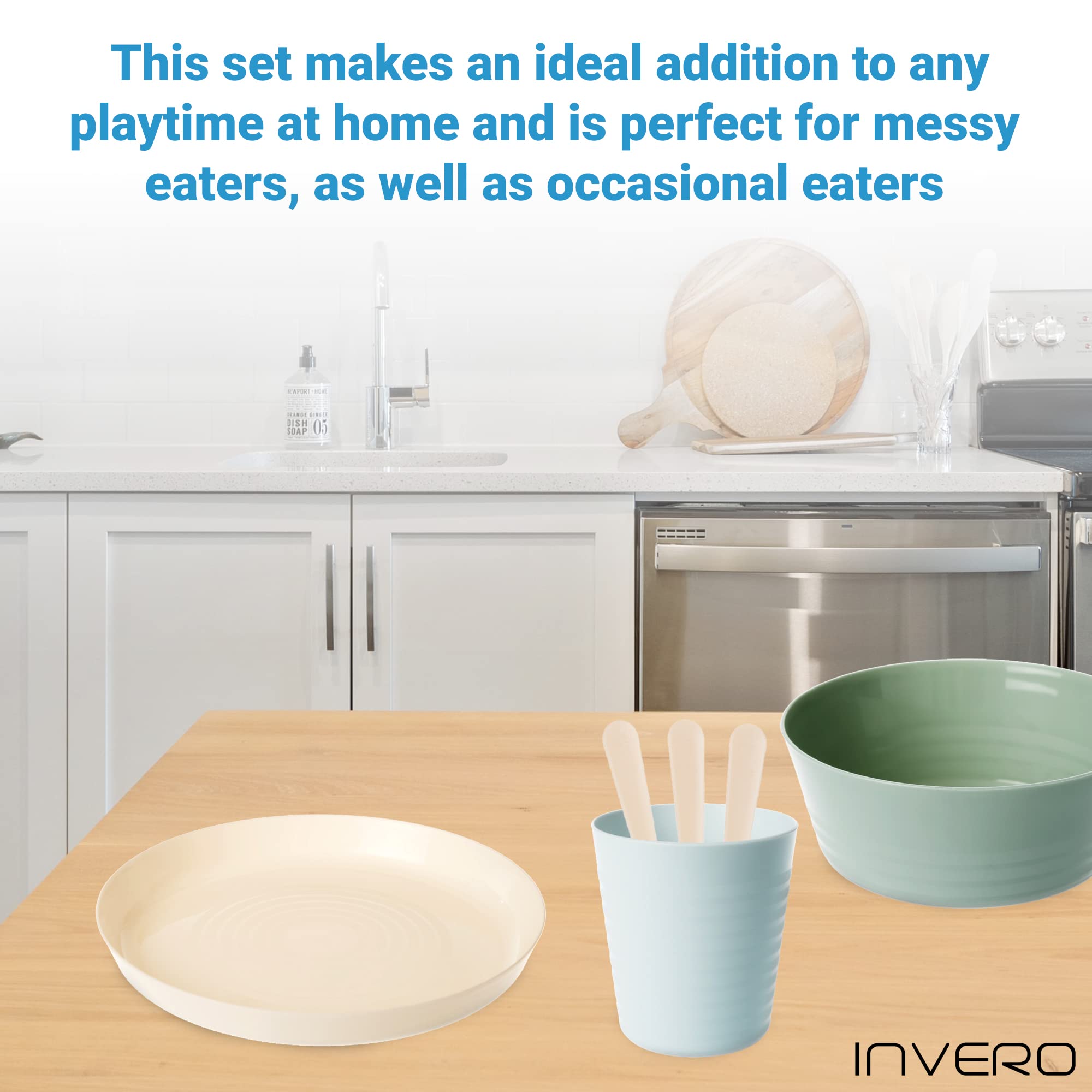 Invero 36-Piece Kids' Colorful Unbreakable Plastic Tableware Set - Bowls, Plates, Cups & Cutlery | Durable, Reusable & BPA-Free | Perfect for Family Meals, Birthday Parties, Picnics, Camping & Travel