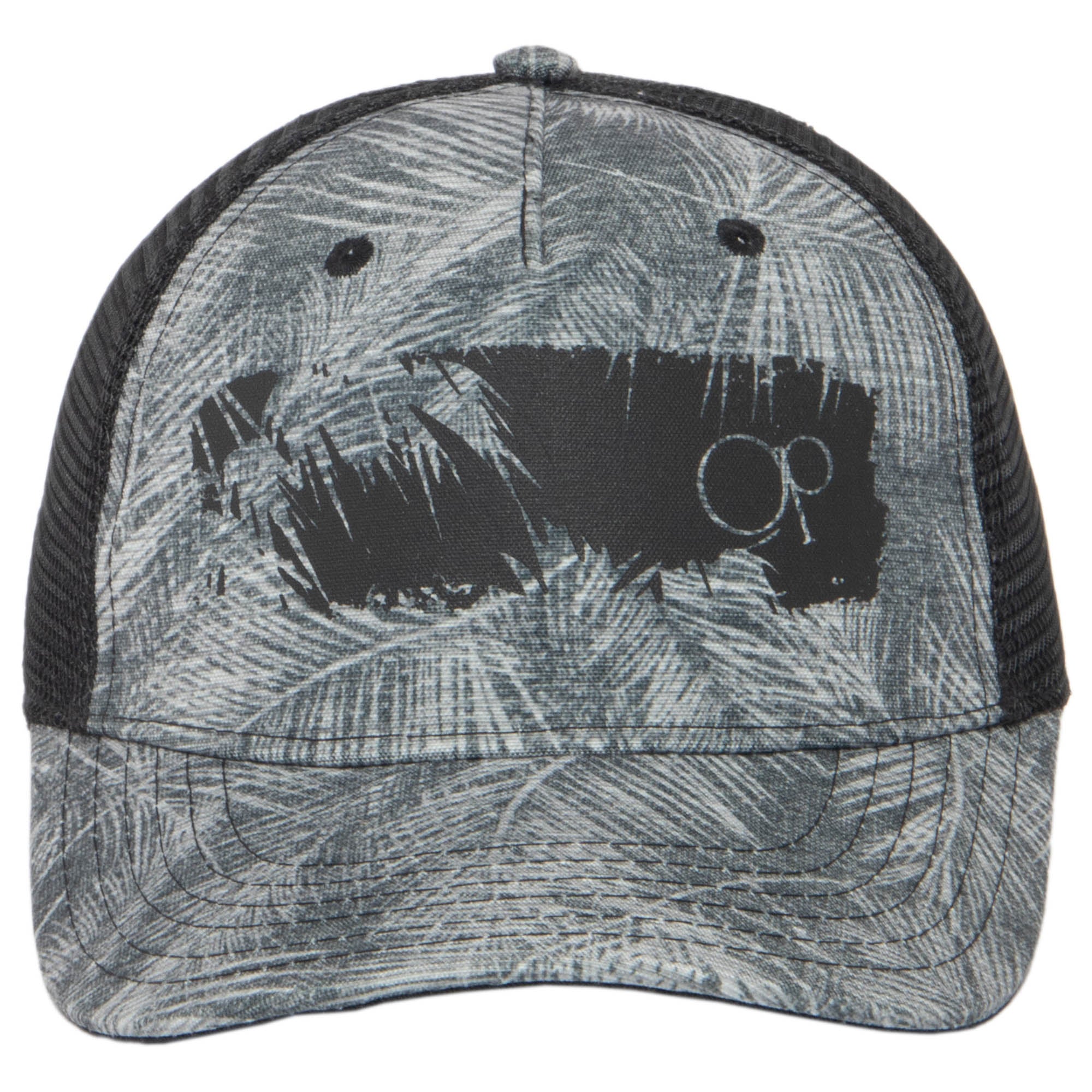 Ocean Pacific 5 Panel Trucker Hat - Black & Grey Palm Tree Print for Men & Women - Perfect for Beach, Summer & Outdoor Activities