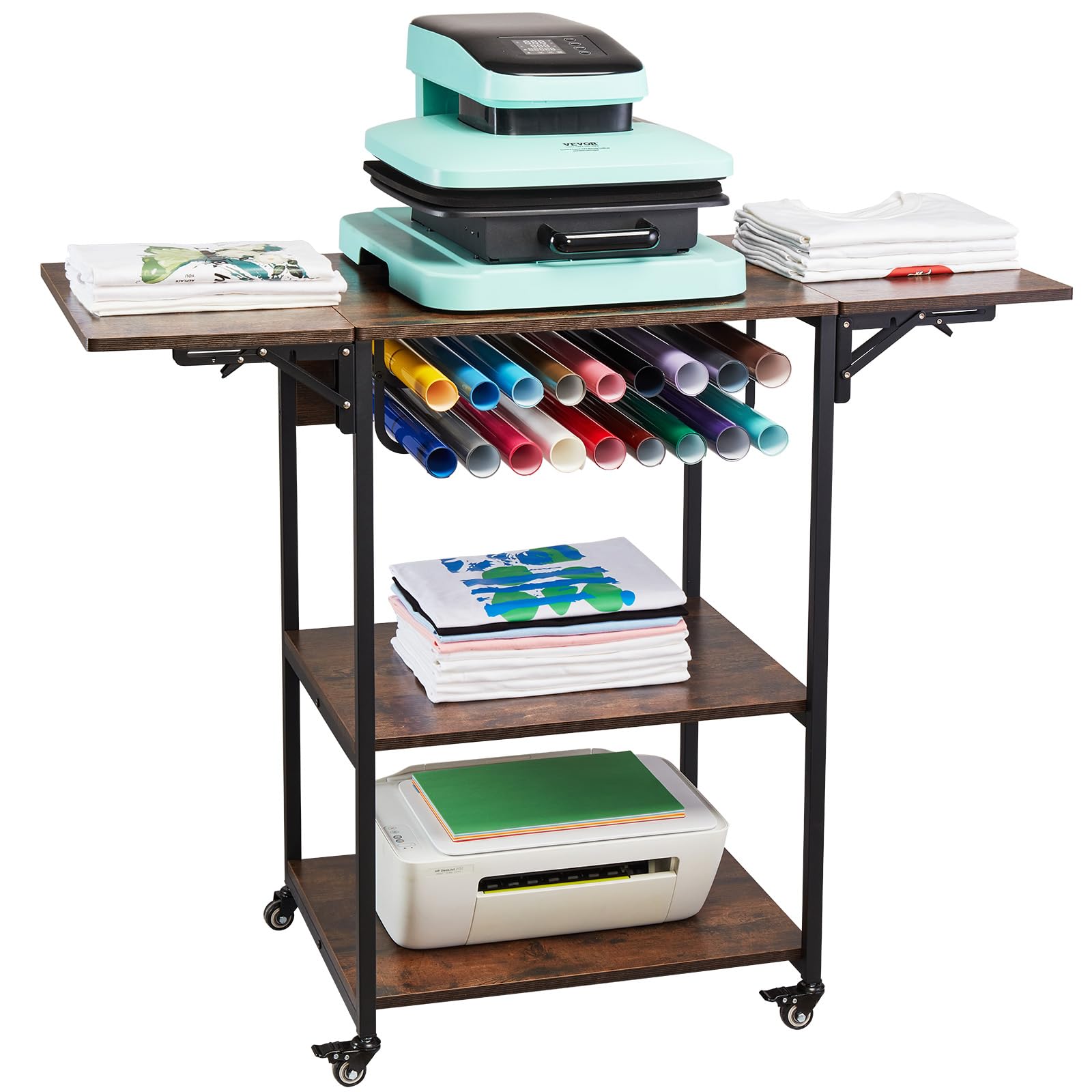 VEVOR 3-Tier Rolling Heat Press Table - Heavy Duty Foldable Sublimation Workbench with Vinyl Roll Holder - Mobile Heat Transfer Machine Stand for T-Shirt Printing & DIY Crafts - Perfect for Home Studios & Small Businesses