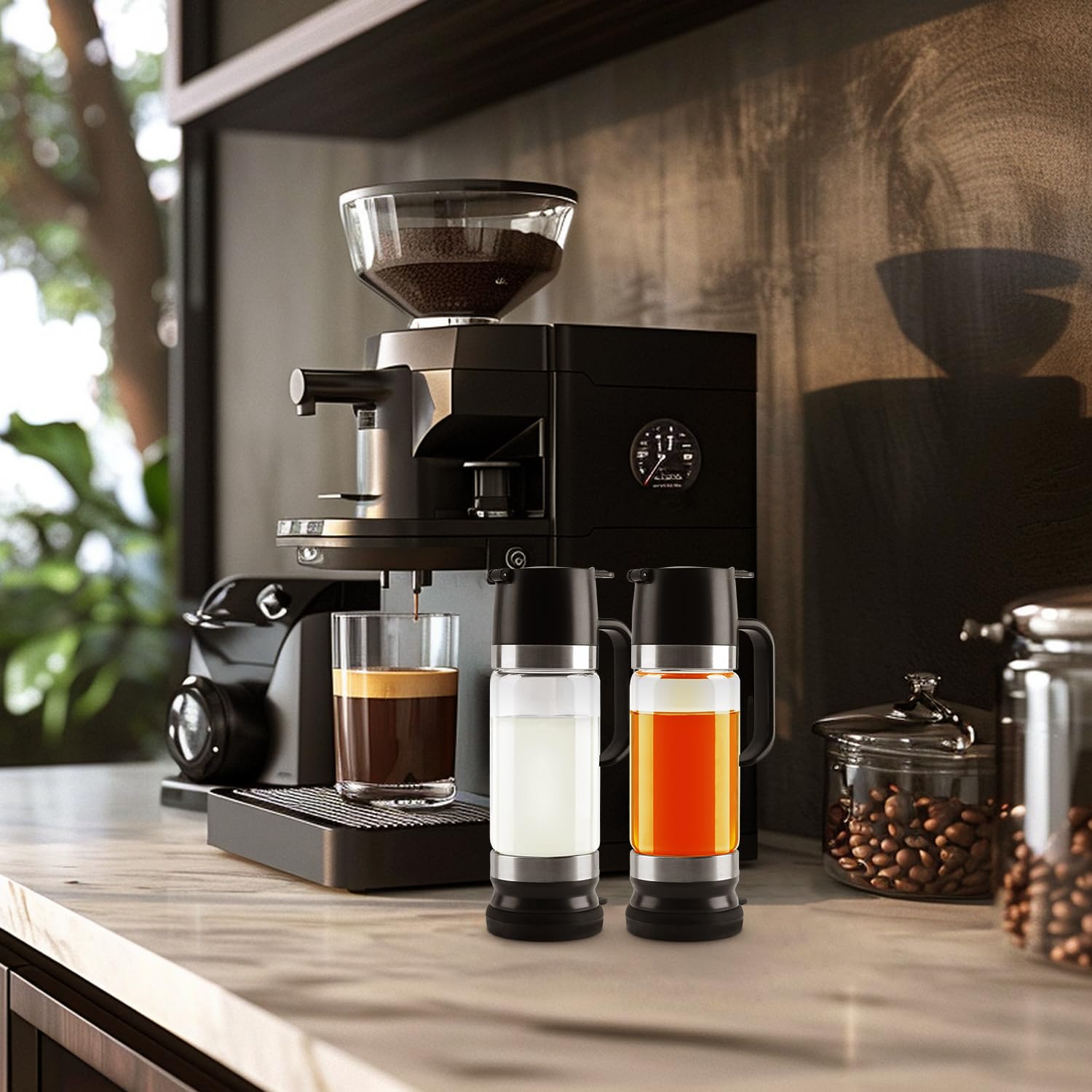 Premium 12oz Glass Coffee Syrup Dispenser with No-Drip Spout & Handle - 2 Pack Black Honey & Syrup Bottles for Coffee, Tea, Cocktails - Perfect for Home Barista, Café & Restaurant Use