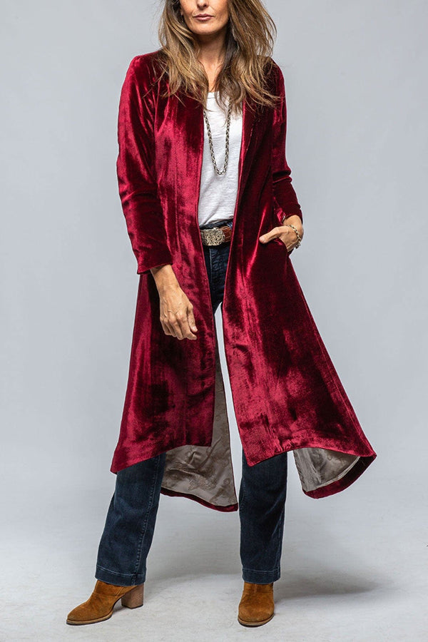 Vintage Velvet Long Loose Pocket Slit Coat - Women's Elegant Trench Coat with Pockets for Fall Winter Fashion, Perfect for Office, Date Night and Special Occasions
