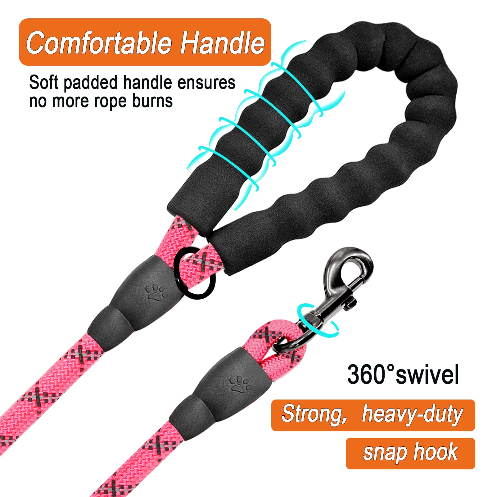 BARKBAY Heavy Duty Dog Leash for Large Dogs - 4/5/6 FT Durable Reflective Leash with Comfortable Padded Handle - Ideal for Walking, Training, Running & Nighttime Safety (6FT-1/2'', Pink)