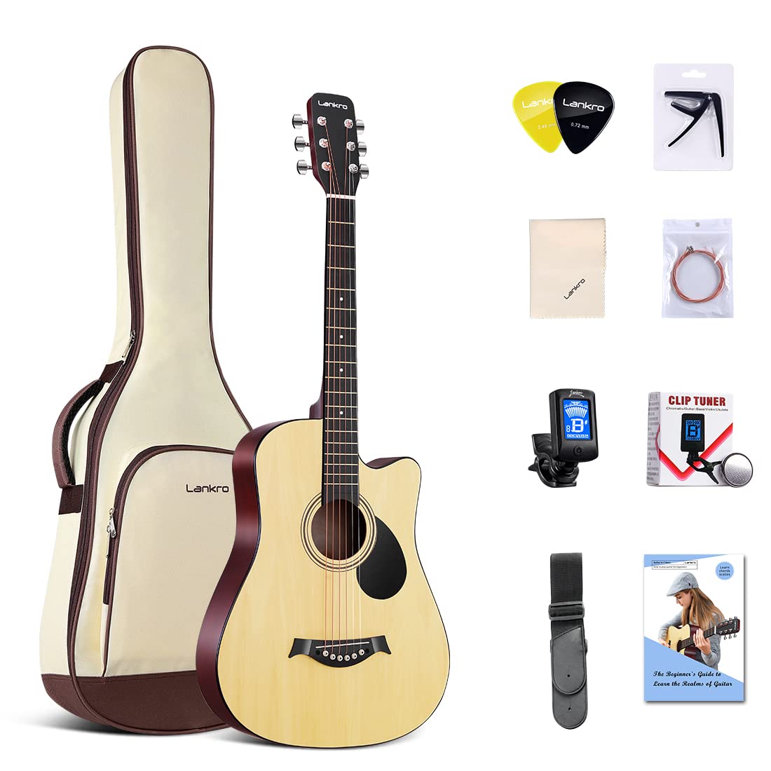 38 Inch Cutaway Acoustic Guitar Starter Kit for Adults & Beginners - Full Size Guitar with Padded Gig Bag, Strap, Capo, Extra Strings & Picks - Perfect for Home Practice, Stage Performance & Travel