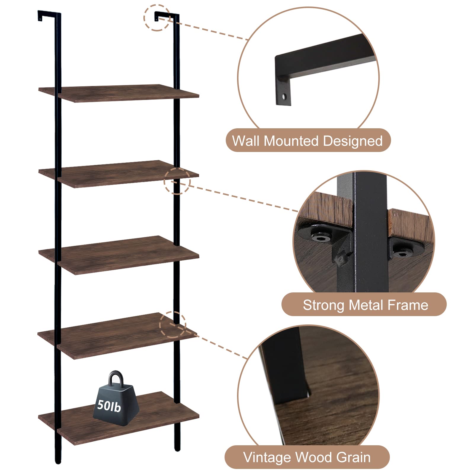 5-Tier Ladder Shelf Set of 2 - Modern Tall Bookshelf for Home & Office - Open Wall Mount Storage Bookcase - Industrial Style Standing Leaning Shelves - Perfect for Living Room, Bedroom & Office Organization (Brown)