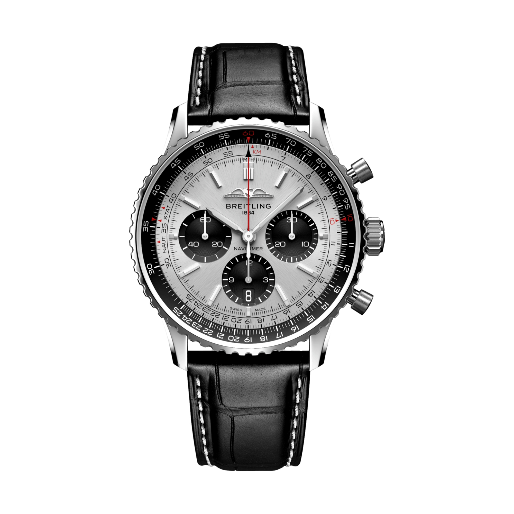 Breitling Navitimer B01 Chronograph 43mm Silver Dial Men's Watch with Leather Strap - Luxury Pilot Watch for Aviation & Business Professionals