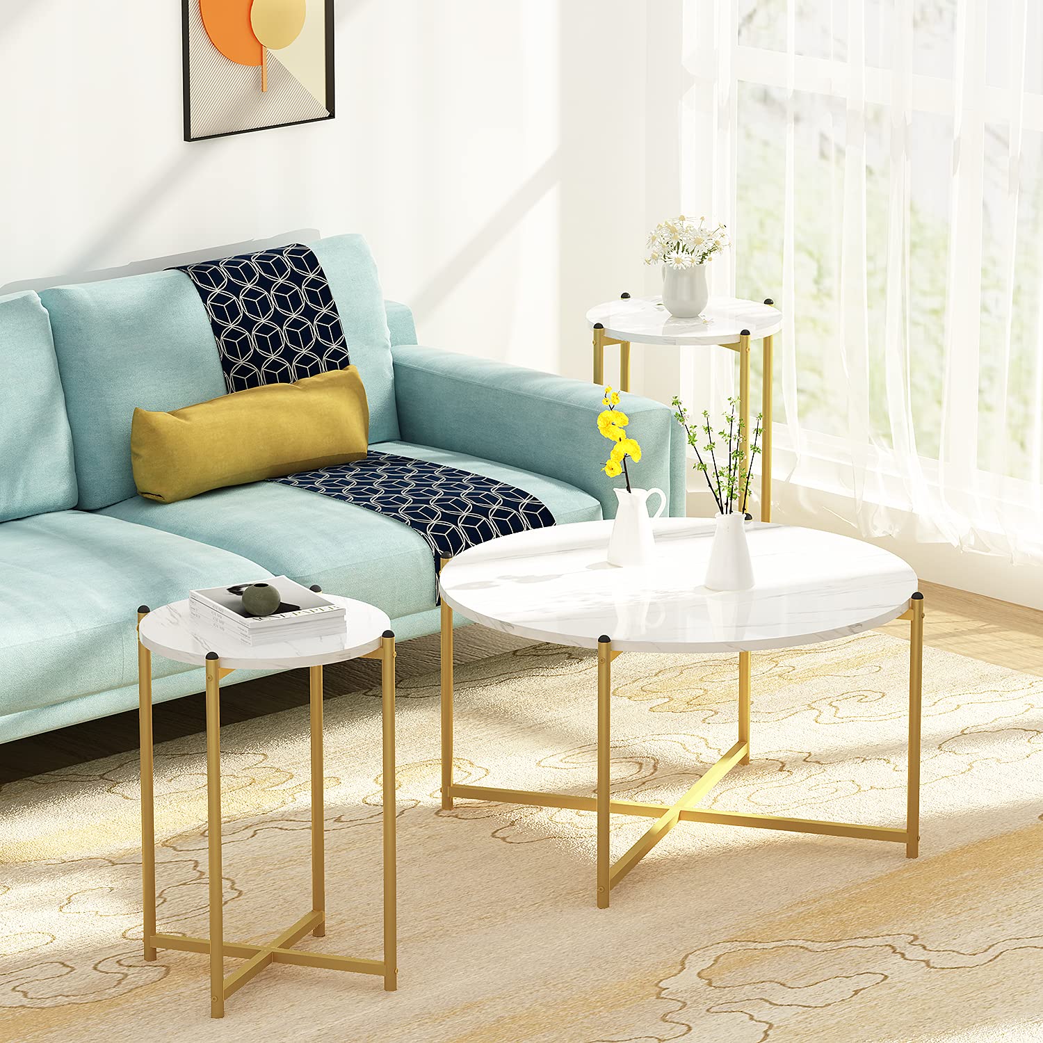 DKLGG Faux Marble Coffee Table Set of 3 - Round Coffee Table & 2 End Tables with Sturdy Metal Frame, Modern Sofa Side Tables for Living Room, Apartment, Lounge | Perfect for Coffee, Books & Decor Display