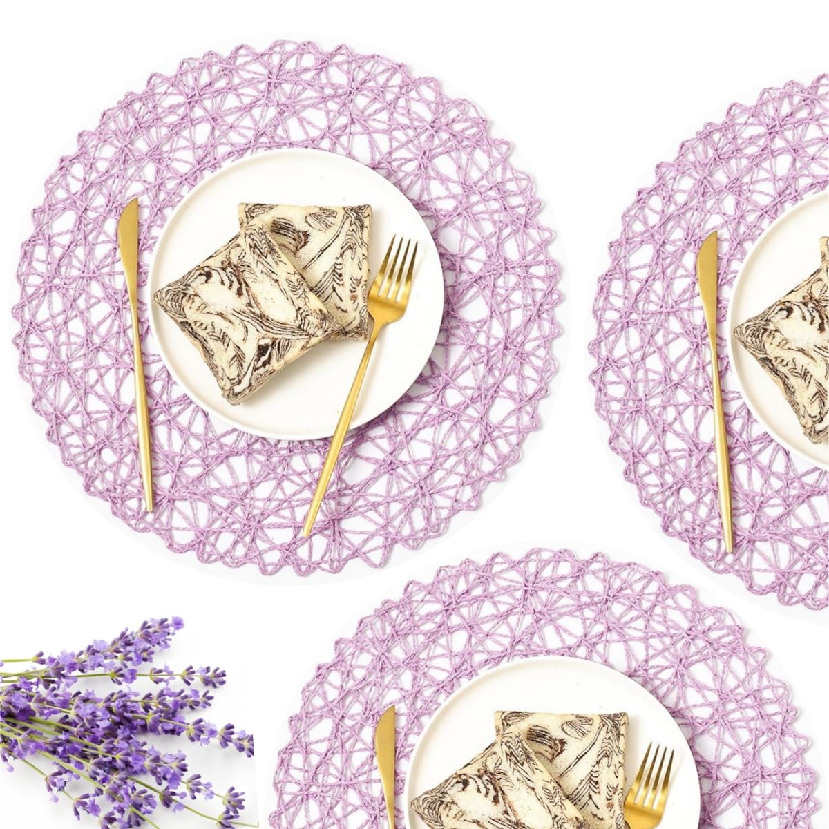 IcosaMro 6-Pack Purple Round Placemats Set - 15 Inch Boho Woven Paper Placemats for Dining Table - Decorative Circle Mats for Wedding, Christmas, Thanksgiving & Holiday Dinner - Lavender Color - Perfect for Home Decor, Party Table Settings & Seasonal Celebrations