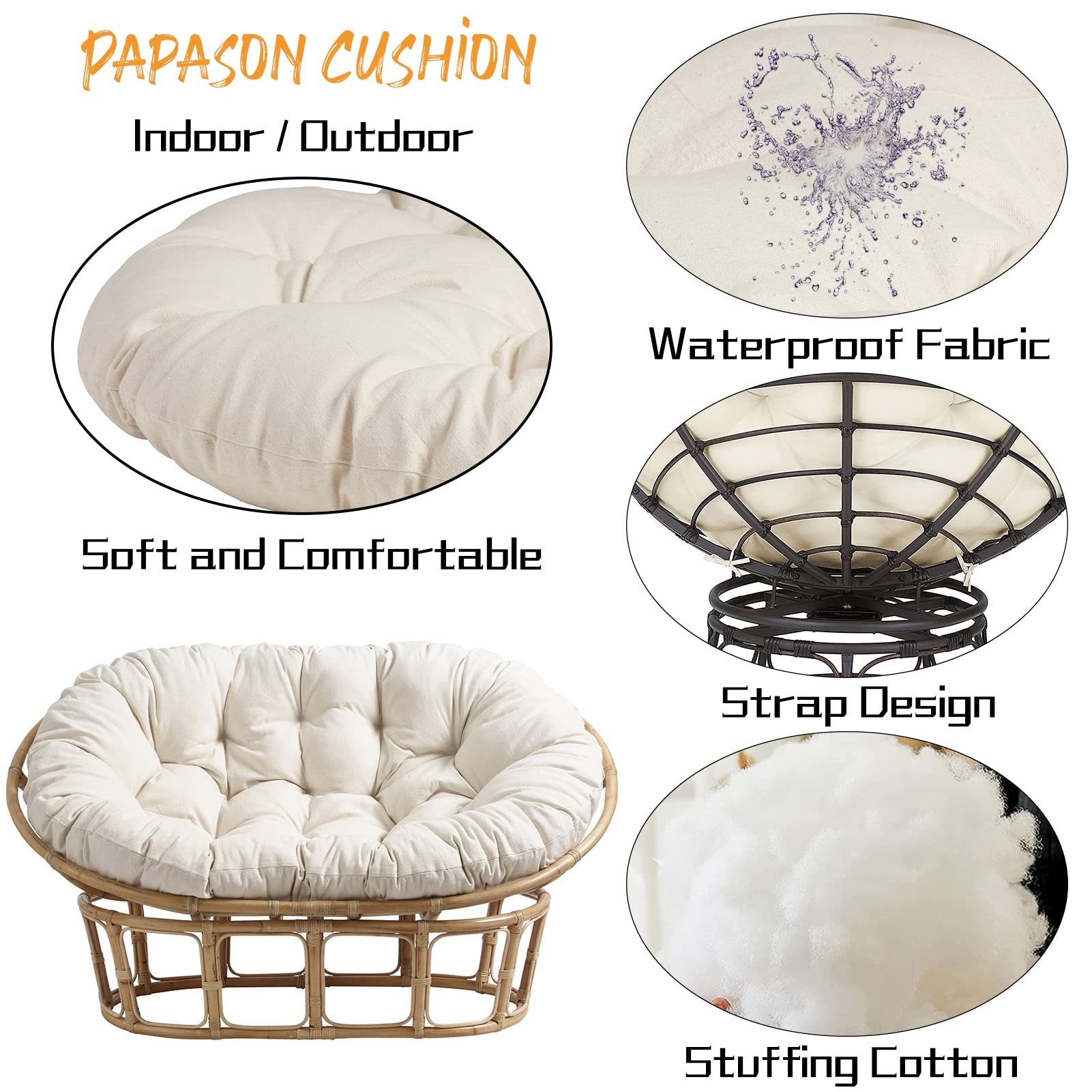 **Large Double Papasan Chair Cushion - 67 x 47 in - Waterproof Outdoor Hanging/Egg/Swing/Hammock Chair Pad - Thick, Soft & Comfortable for Garden, Patio, Balcony & Indoor Decor (Black)**