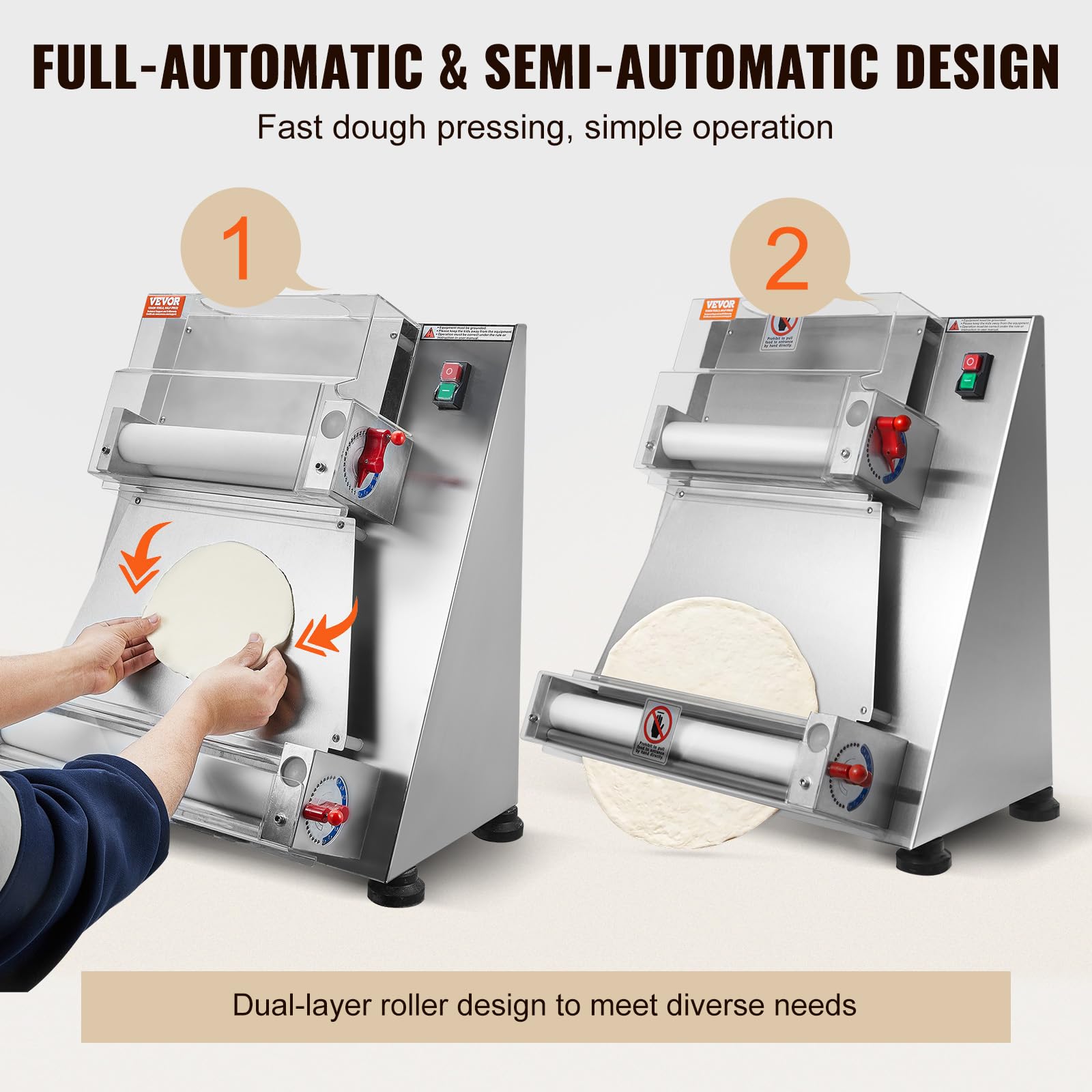 VEVOR Commercial Electric Pizza Dough Roller Sheeter Machine - 390W Stainless Steel Automatic Dough Press (3-15 Inch Adjustable Thickness, 260 Pizzas/Hour) - Perfect for Pizzerias, Bakeries & Italian Restaurants