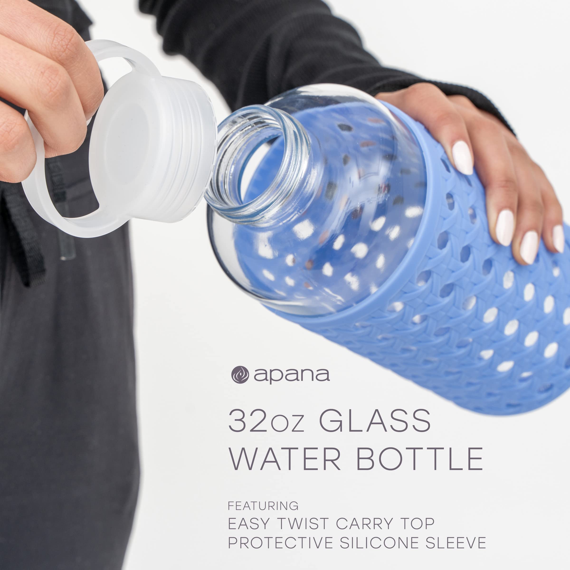 **Apana Yoga Glass Water Bottle - BPA Free, Non-Slip Sleeve, Leak Proof Lid - Reusable 19oz & 32oz Sports Water Bottle with Wide Mouth - Perfect for Yoga, Gym & Outdoor Hydration**