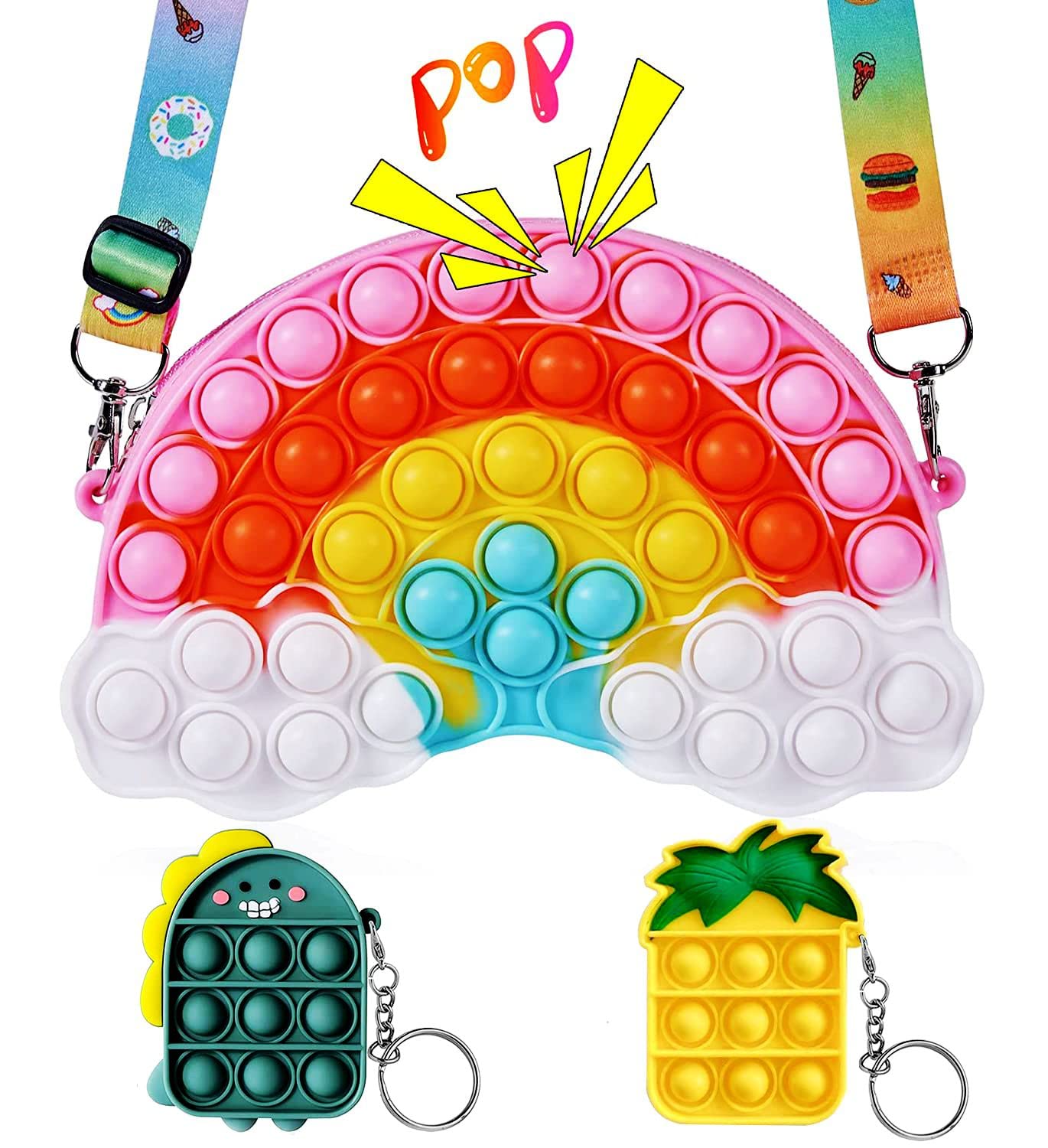 Valentine's Day Gifts for Girls - Rainbow Cloud Popper Fidget Shoulder Bag with Keychain | Sensory Silicone Pop Fidget Purse & Backpack | Party Favors, Stress Relief Toys for Kids | Perfect for School, Travel, and Birthday Parties