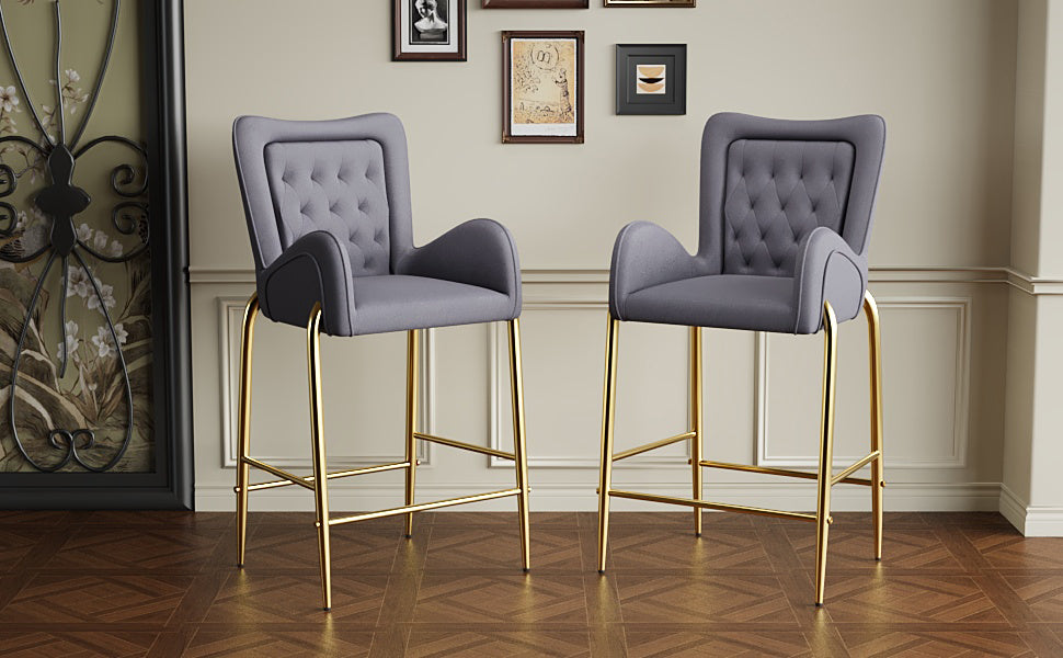 28.75 Inch Counter Height Bar Stools Set of 2 - Velvet Upholstered Bar Chairs with Golden Metal Legs - Perfect for Kitchen Island, Breakfast Nook & Home Bar Decor
