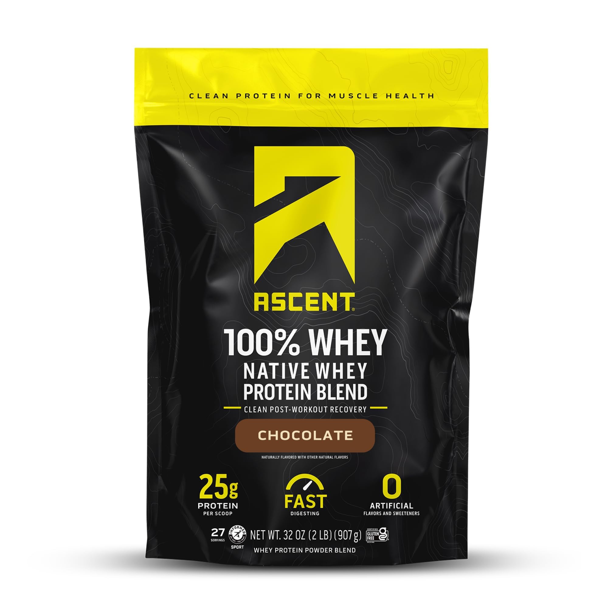 Ascent 100% Whey Protein Powder - Post Workout Whey Protein Isolate for Muscle Recovery, Zero Artificial Flavors & Sweeteners, Gluten Free, 5.5g BCAA, 2.6g Leucine, Essential Amino Acids, Chocolate Flavor 2 lb - Ideal for Gym, Fitness & Weight Loss