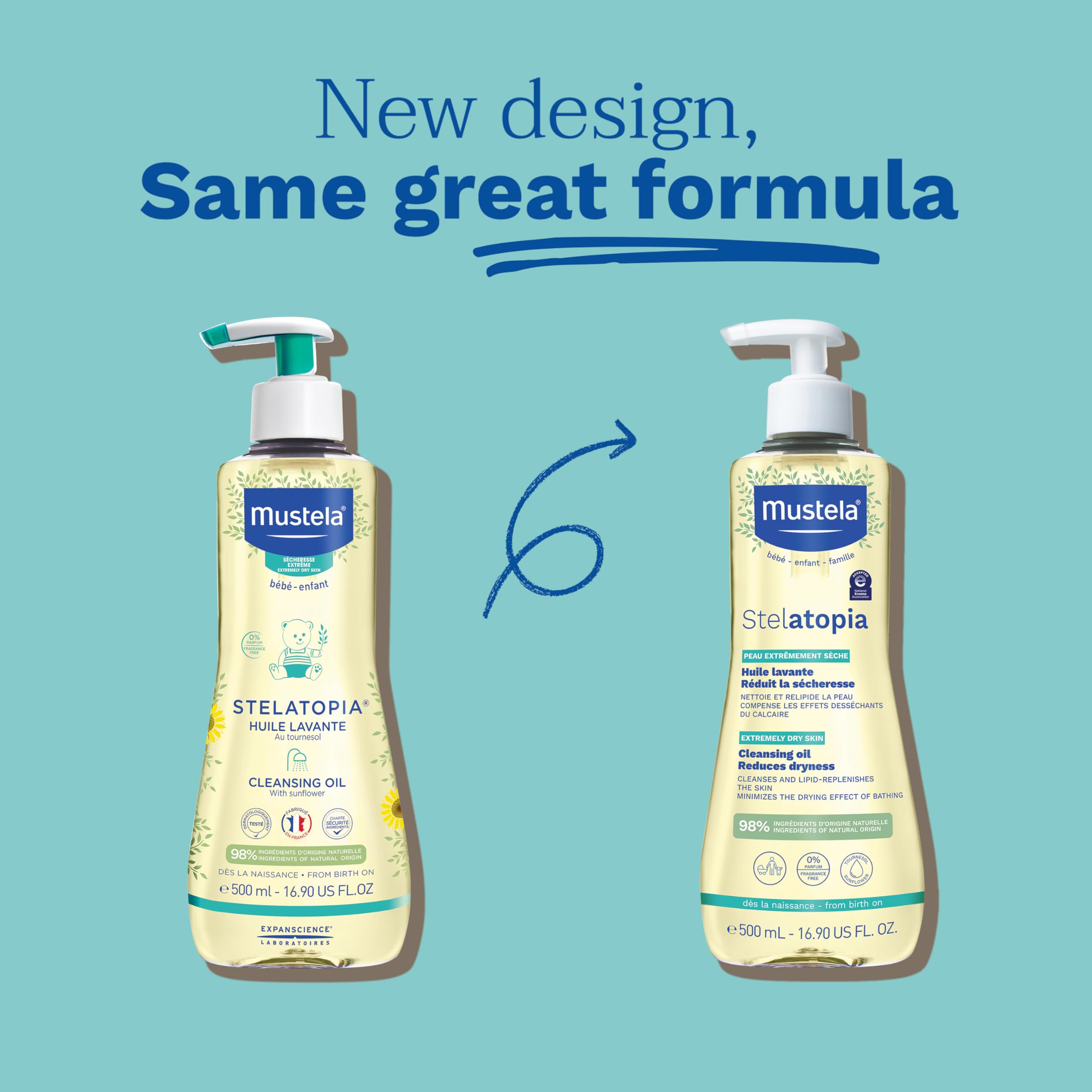 Mustela Stelatopia Eczema-Prone Baby Cleansing Oil | Natural Avocado & Sunflower Oil Body Wash | Fragrance-Free, Tear-Free & EWG Verified | 16.9 fl oz | Gentle Skin Care for Babies & Sensitive Skin | Perfect for Bath Time & Daily Cleansing Routine