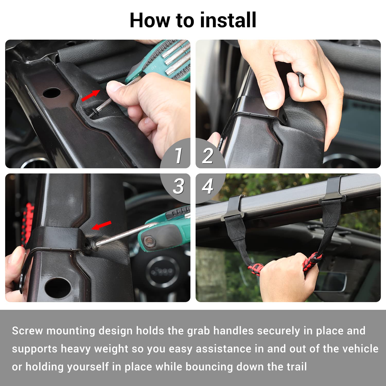 CheroCar Heavy Duty Steel Roll Bar Grab Handles for 2018-2021 Jeep Wrangler JL & 2020-2021 Jeep Gladiator JT - Red | Front & Rear Assist Handles for Off-Roading, Climbing & Safety Accessories