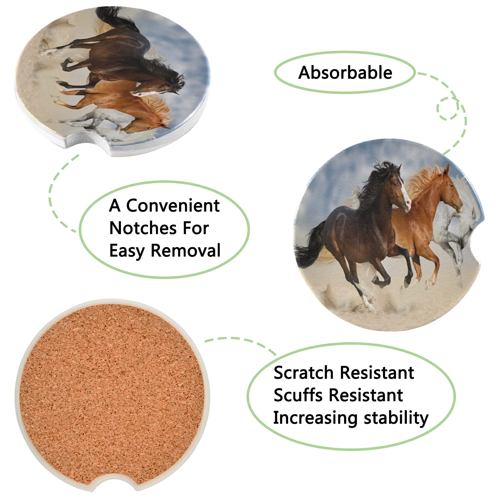 Wild Animal Running Horse Car Coaster 2 Pack - Absorbent Ceramic Cup Holder Coasters for Cars - Cute Car Accessories for Men & Women (2.56in) - Perfect for Road Trips, Commuting & Preventing Drink Spills