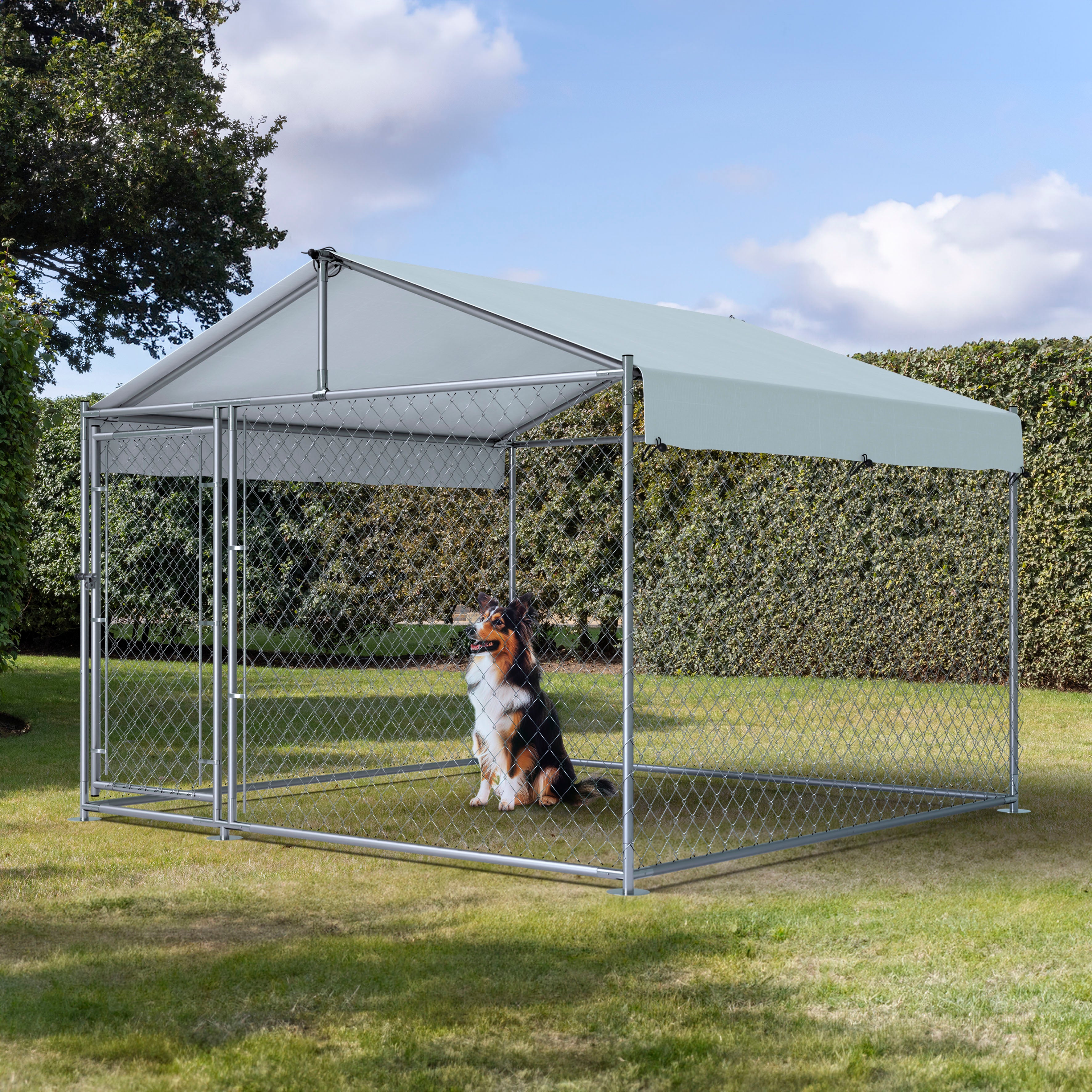 Heavy Duty Galvanized Steel Dog Kennel with Waterproof Roof Cover & Secure Chain Link Fencing - 6.5x6.5x5ft (2x2x1.5m) Outdoor Dog Cage - Perfect for Backyard, Garden, or Kennel Use - Model DG281