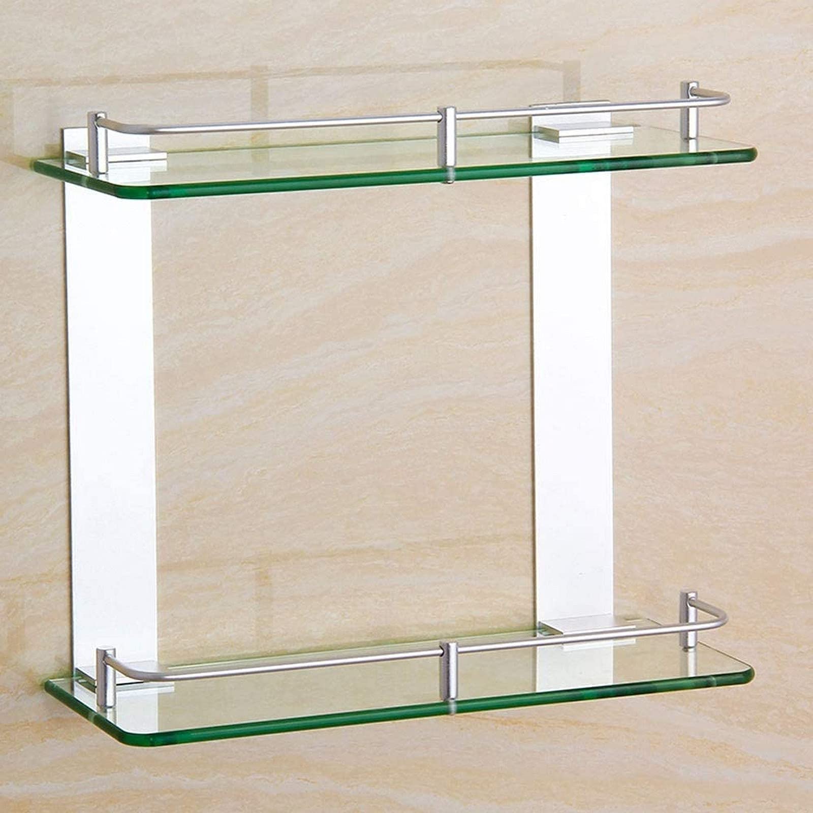 2-Tier Glass Bathroom Shelf with Aluminum Frame - 60cm Wall-Mounted Shower Storage Rack for Bath Accessories, Towels & Toiletries - Perfect for Small Bathrooms & Shower Organization
