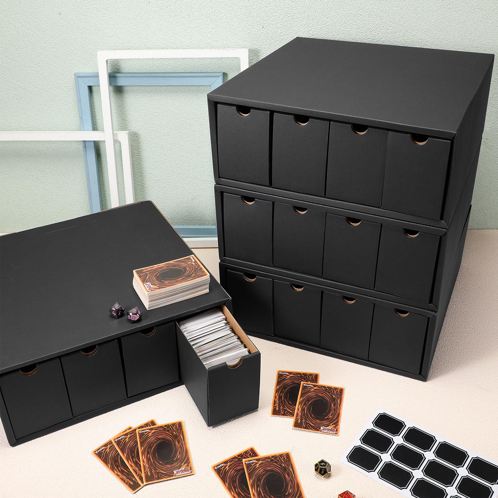 Resurhang 19200+ Trading Card Storage Box with Separate Compartments & Label Stickers - Soccer Sports Card Organizer for TCG, MTG, Pokemon (8 Sets, Black) - Perfect for Card Game Tournaments & Collectors Display