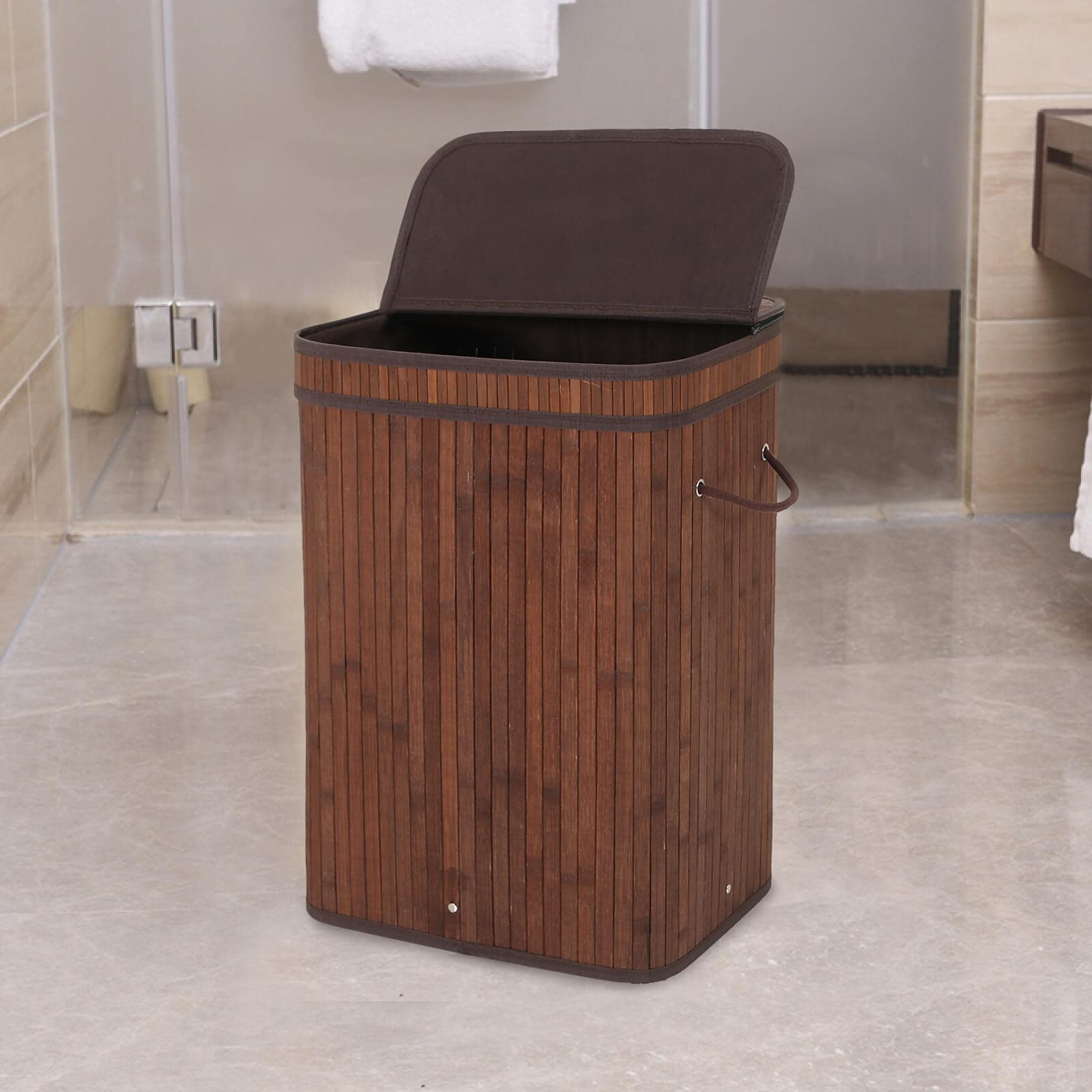 Sophia & William 72L Bamboo Laundry Hamper with Lid & Removable Liner - Collapsible Clothes Storage Basket with Handles for Bedroom, Bathroom, Dorm - Dark Brown Organizer for Dirty Laundry & Towels